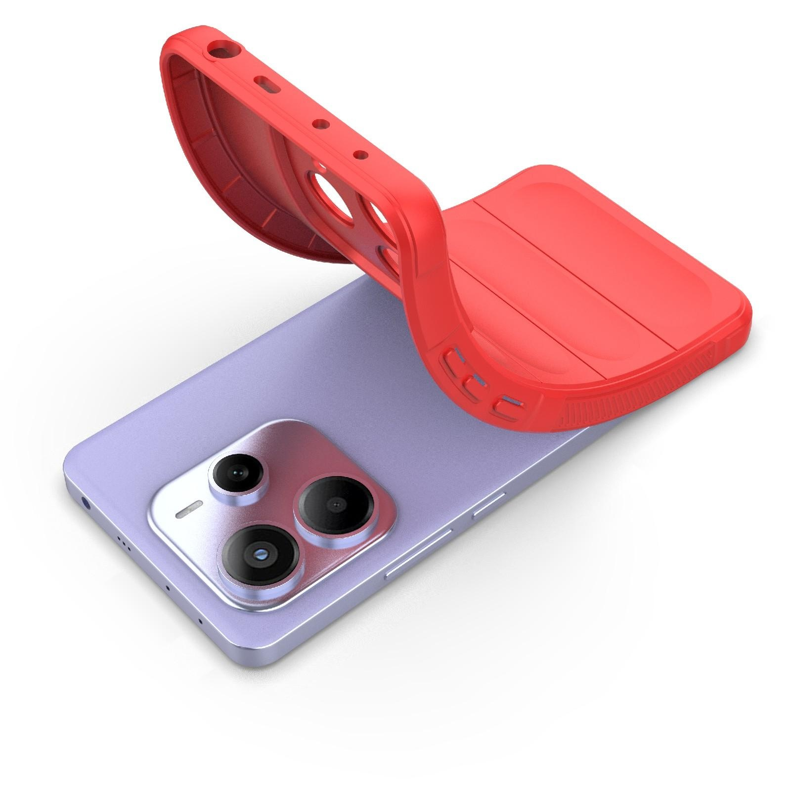 Un teléfono inteligente morado claro colocado plano con una funda protectora roja sobre un fondo blanco.