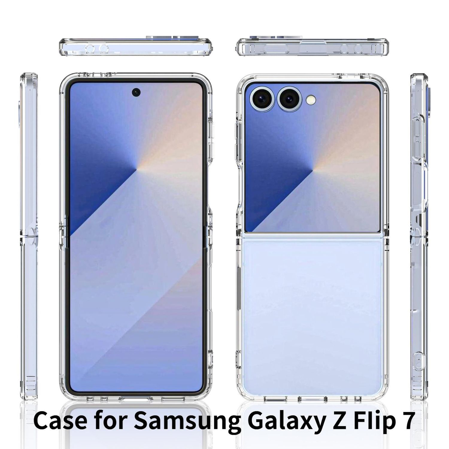 Funda transparente para Samsung Galaxy Z Flip 7 mostrada desde varios ángulos.
