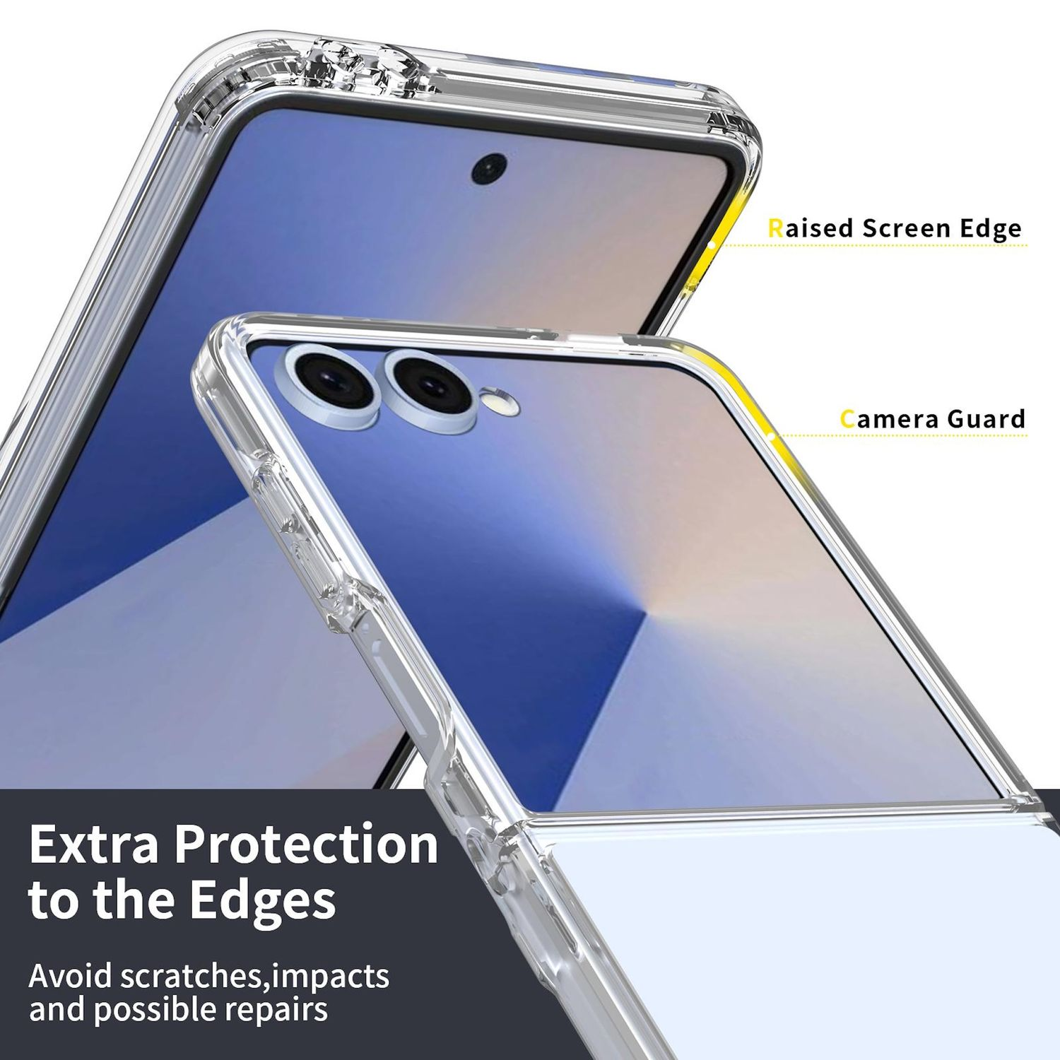 Una funda de móvil transparente con bordes de pantalla elevados y protector de cámara, vista frontal y trasera.