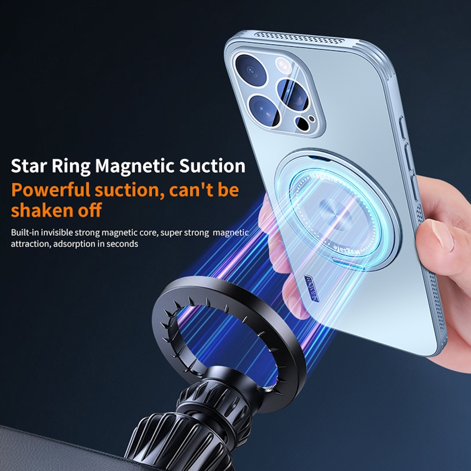 Blaue Handyhülle mit integriertem Magnetring zieht sich an eine Magnethalterung an, Text im linken Bereich.
