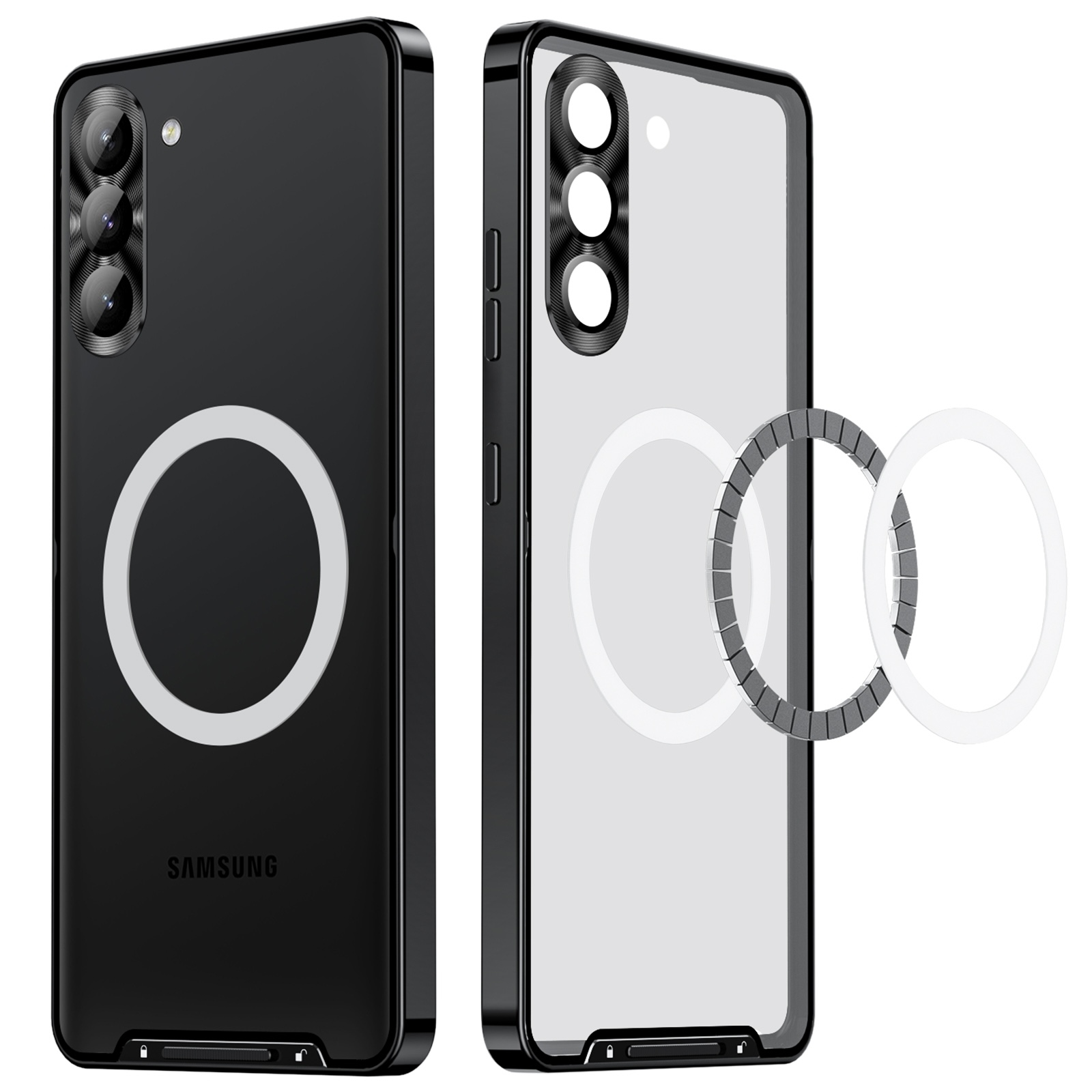 Zwei Ansichten einer schwarzen Samsung-Handyhülle mit integriertem Magnetring und Kameraschutz.
