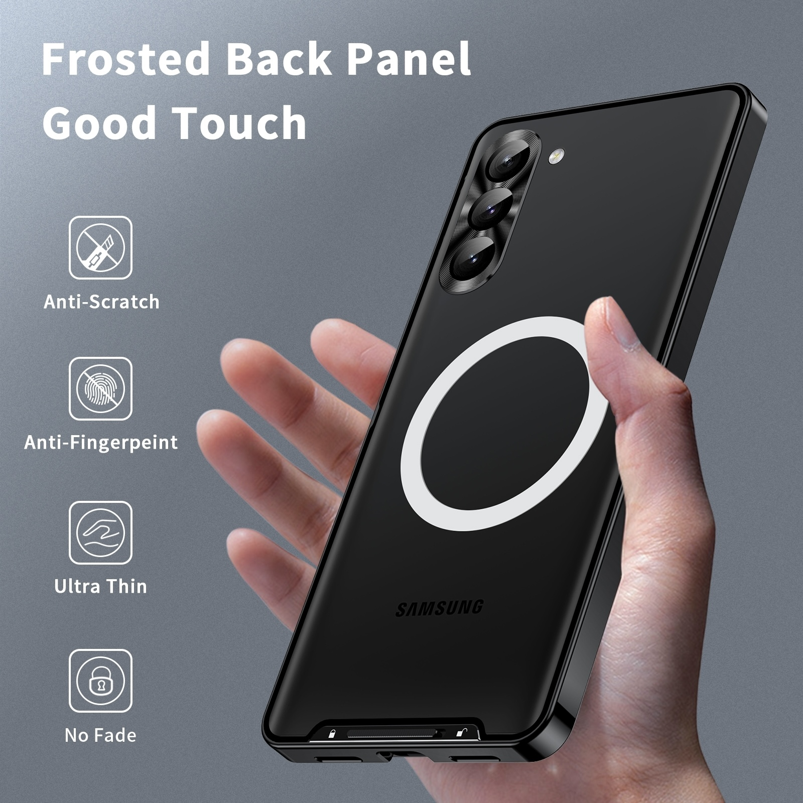 Hand hält ein schwarzes Smartphone mit Magnetring im Gehäuse und vier Icon-Funktionen.