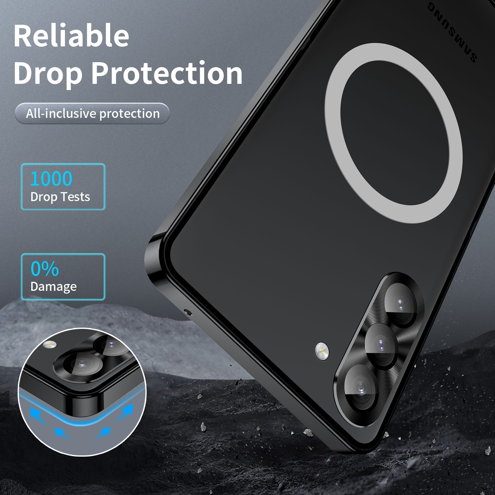 Schwarze Samsung-Handyhülle mit MagSafe-Ring und Kameraschutz auf steinigem Hintergrund.