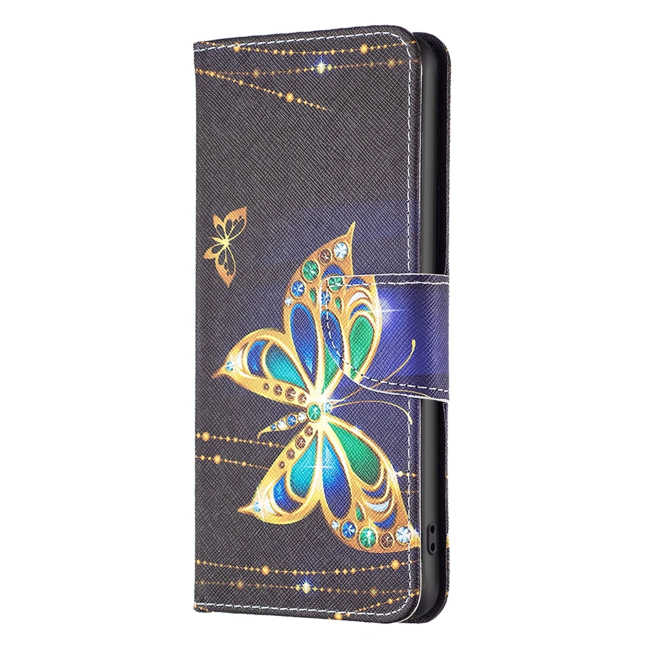 Funda tipo cartera oscura para móvil con gráfico de mariposa dorada, cristales brillantes y costuras blancas.
