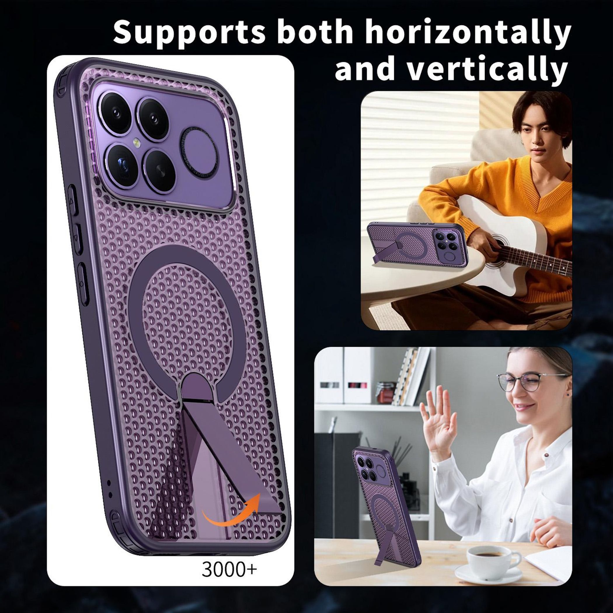 Eine lila Handyschale mit integriertem Ständer zeigt das Telefon horizontal und vertikal.