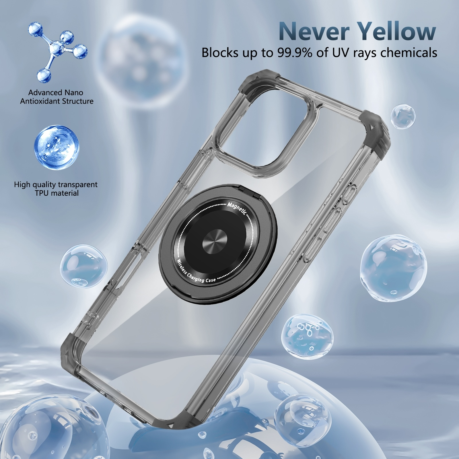 Funda transparente para teléfono con anillo MagSafe sobre fondo azul con burbujas y texto.