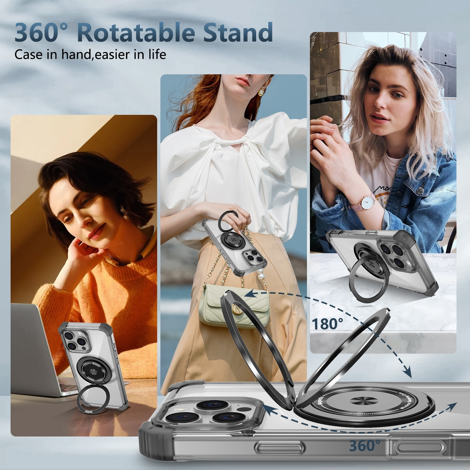 Funda para teléfono con soporte de anillo giratorio de 360 grados, mostrada en uso.