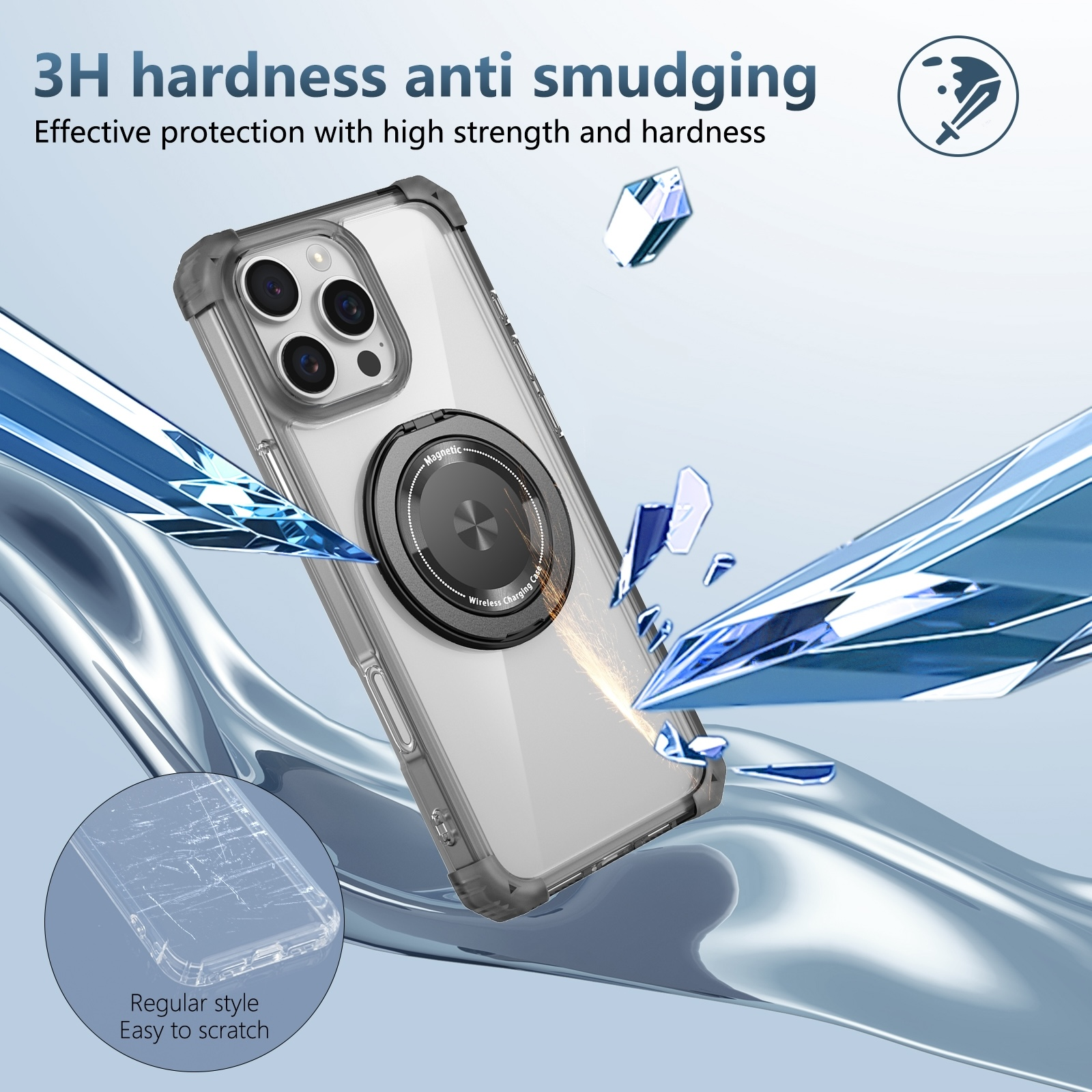Funda transparente para móvil con anillo magnético, rodeada de cristales azules y fondo líquido.