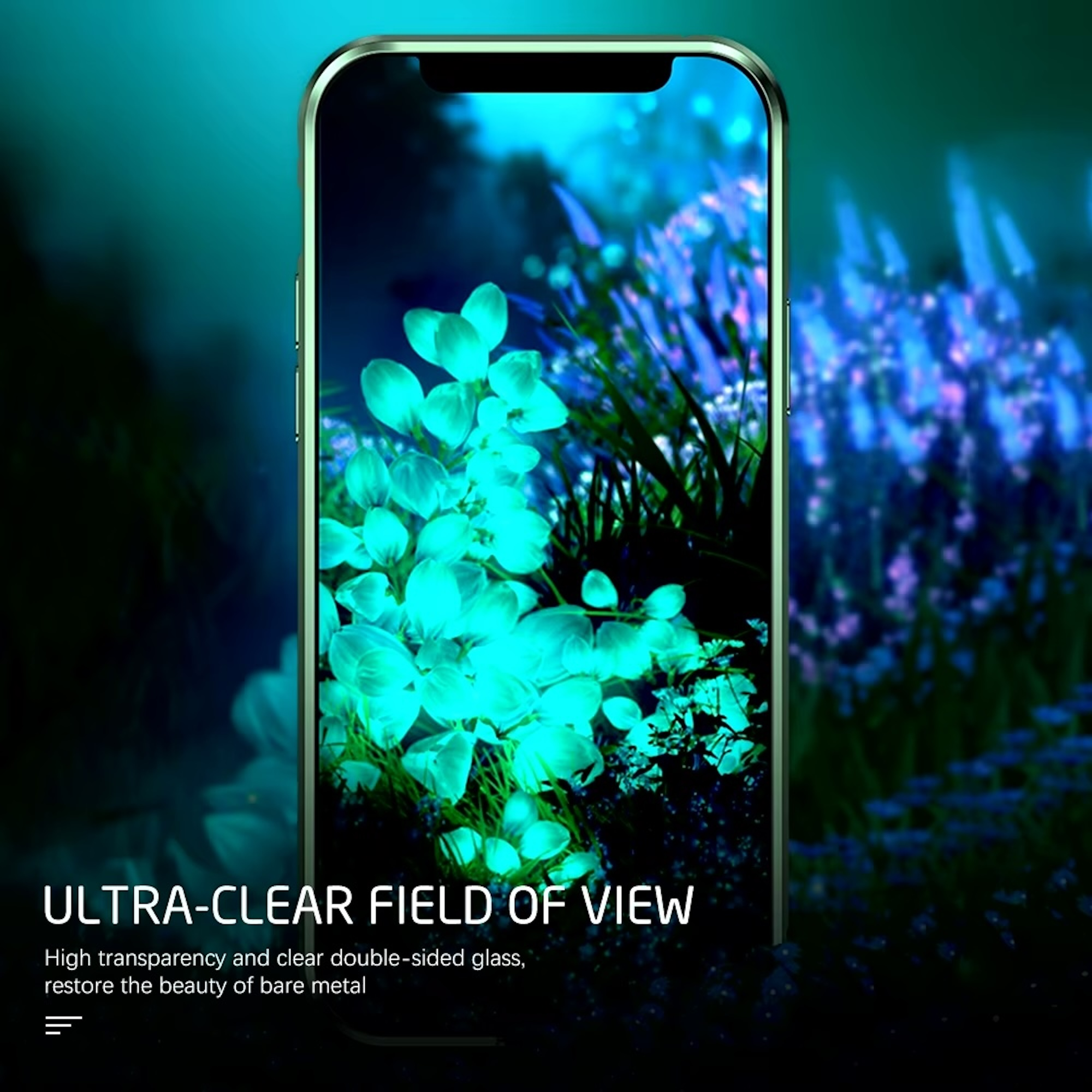 Ein Smartphone zeigt leuchtend blaue Blumen auf dem Bildschirm vor einem dunklen Hintergrund.