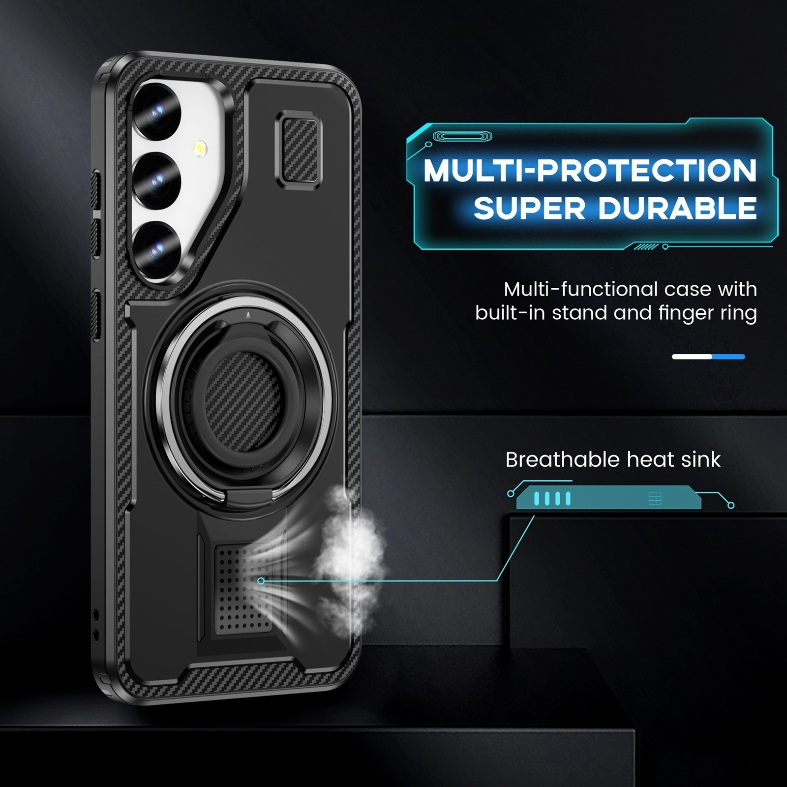 Funda de teléfono negra con soporte integrado, anillo y disipador de calor sobre fondo oscuro.