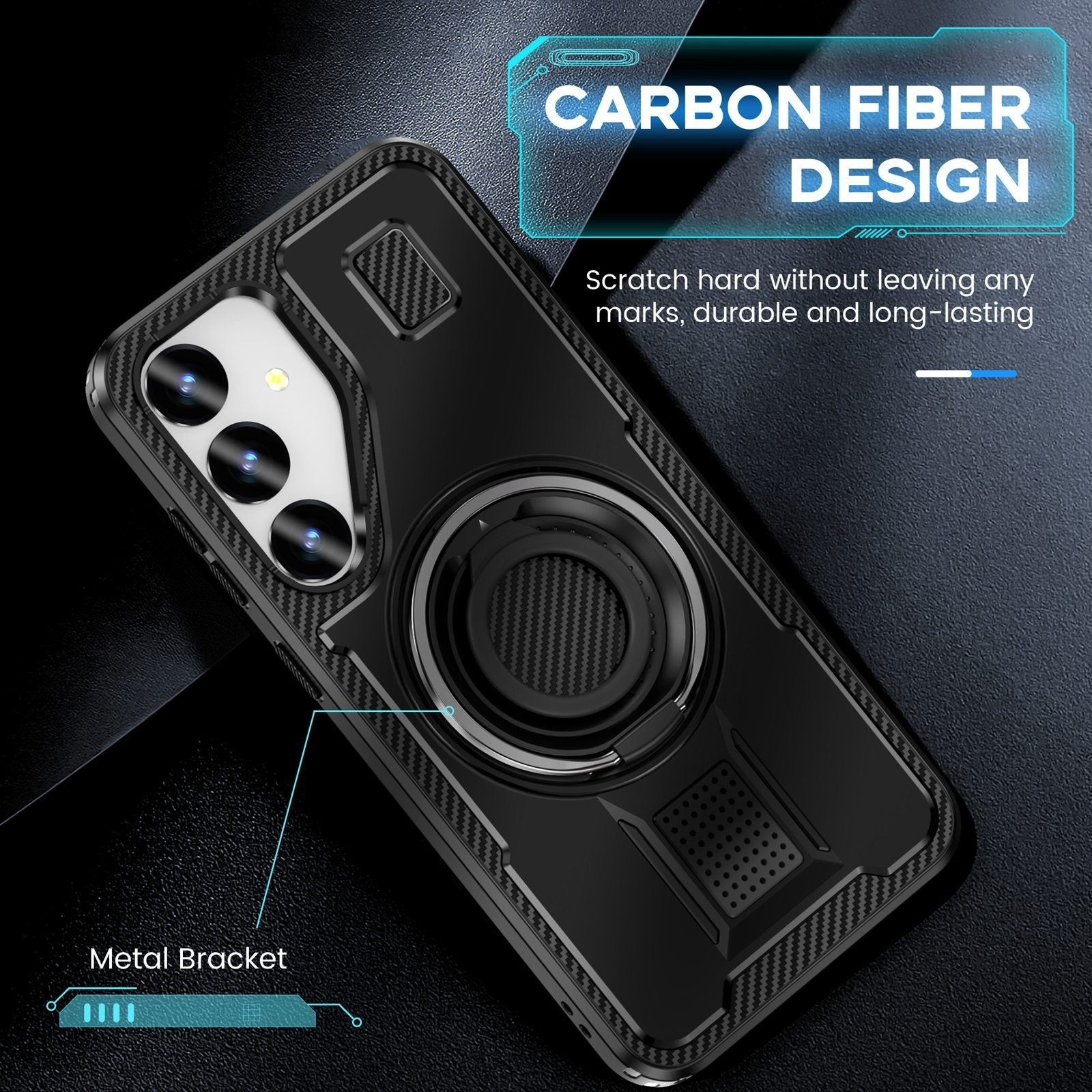 Funda de teléfono de fibra de carbono negra con soporte metálico integrado en fondo oscuro.