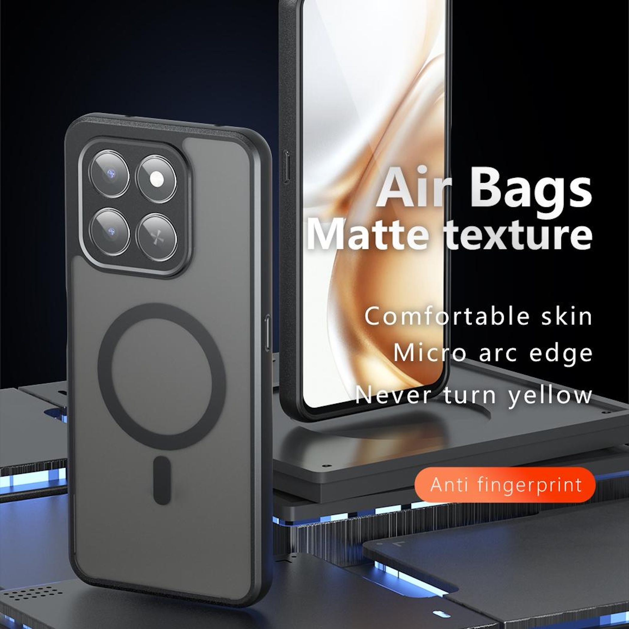 Schwarzes Smartphone in matter Schutzhülle mit MagSafe-Ring, mit Werbetext auf dunklem Hintergrund.