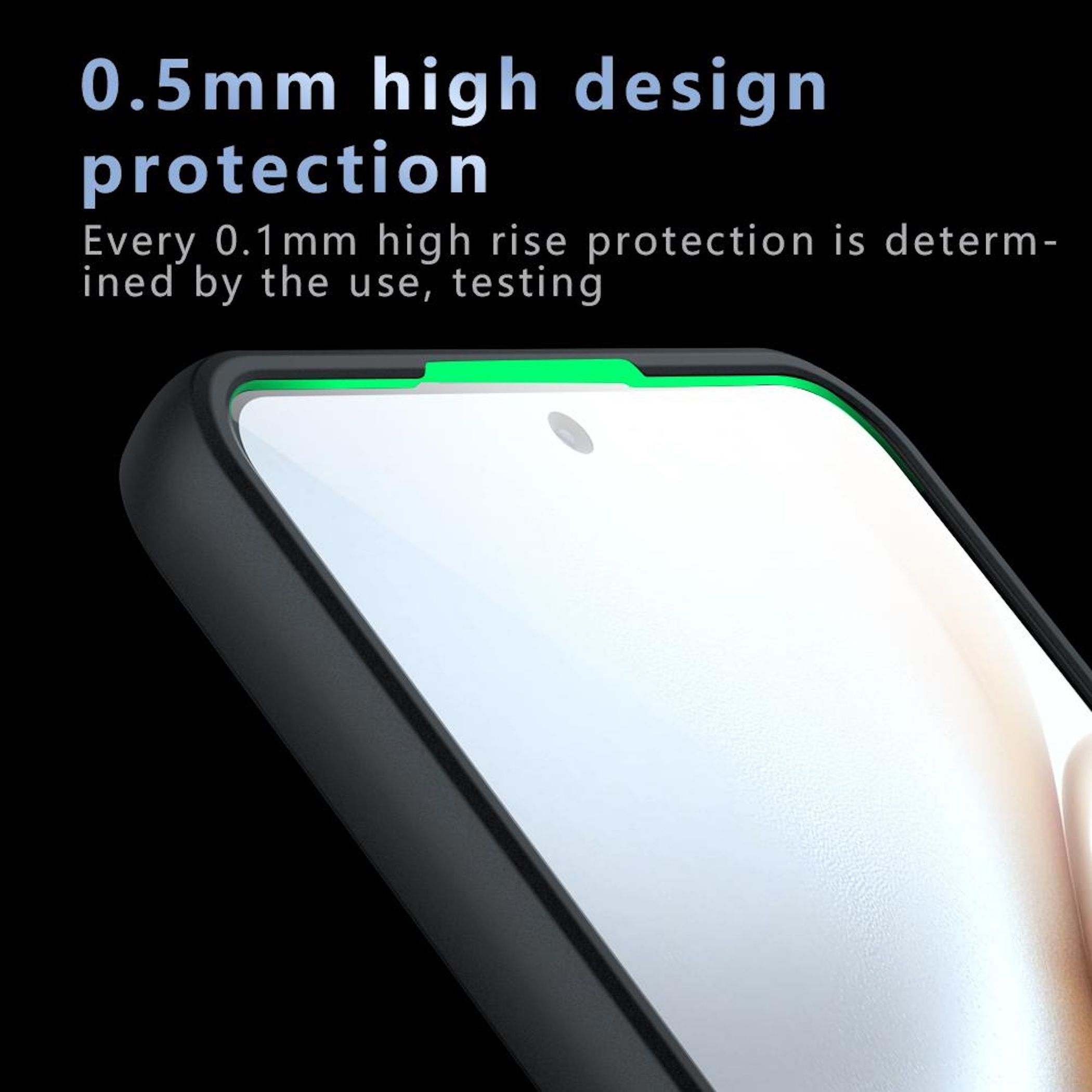 Smartphone im Case mit 0.5 mm Schutzrand, Text oben.