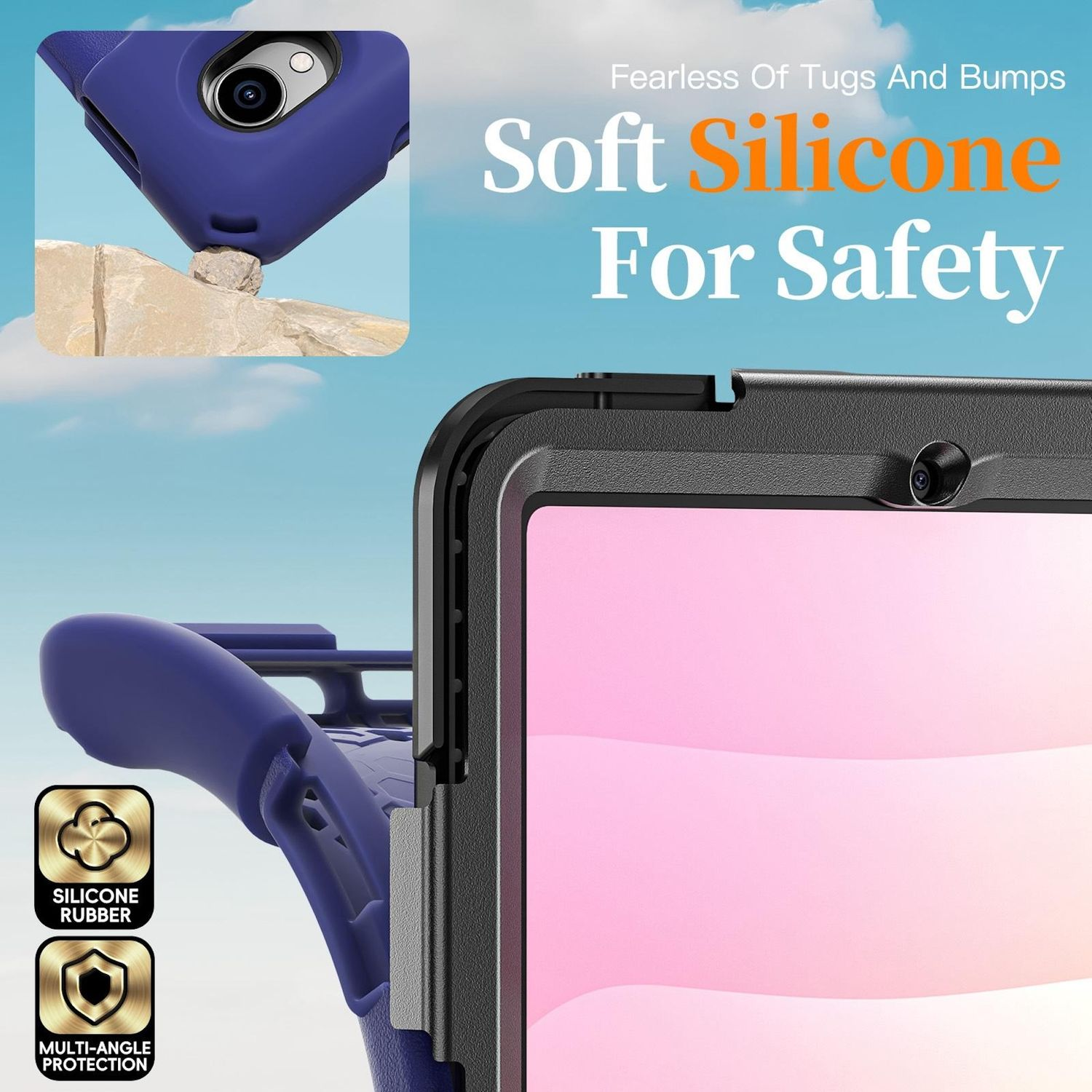 Blaue Tablet-Hülle mit Text Soft Silicone For Safety und Inset-Bild.