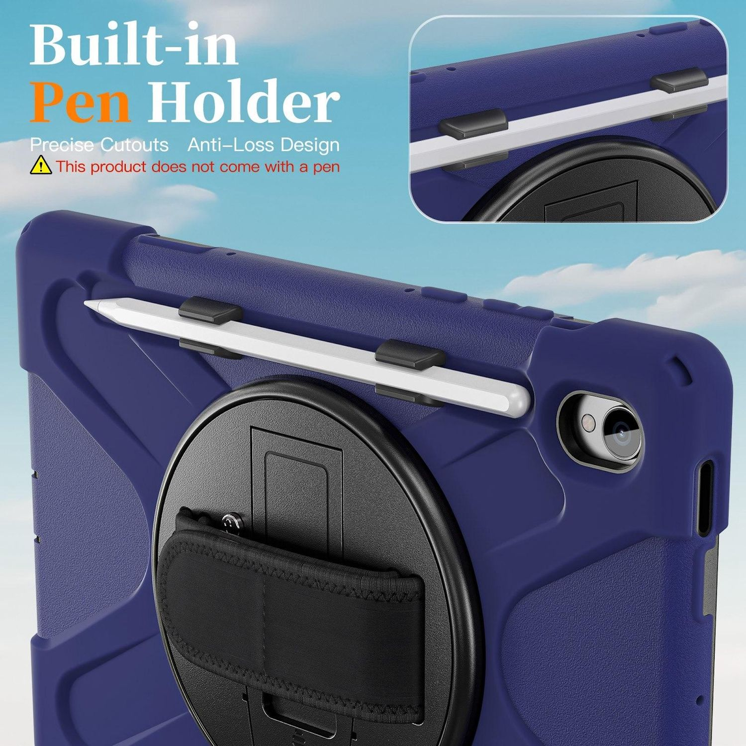 Blaue Tablet-Schutzhülle mit integriertem Stifthalter, Handschlaufe und Kameraaussparung.
