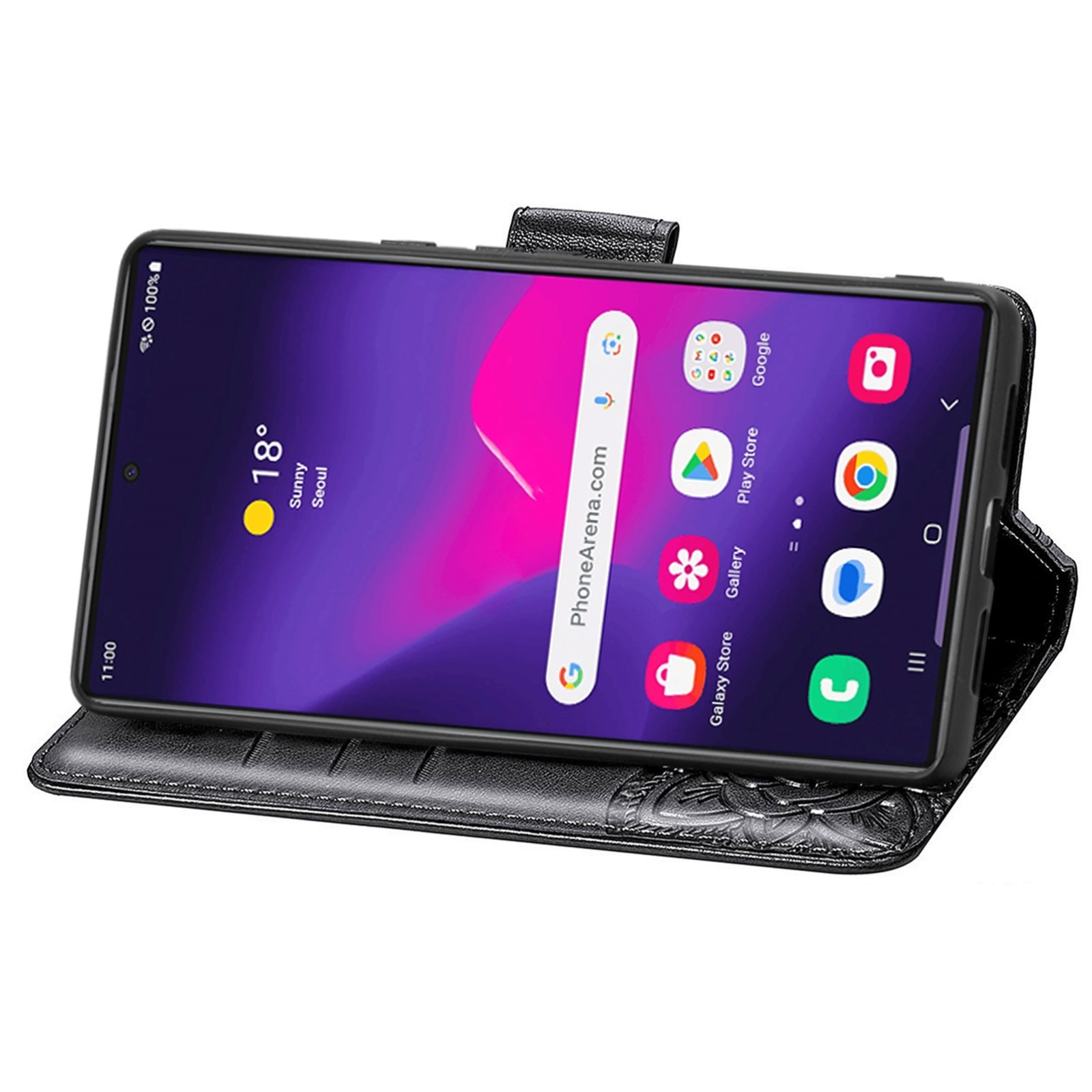 Ein Smartphone mit Lederhülle zeigt einen bunten Startbildschirm.