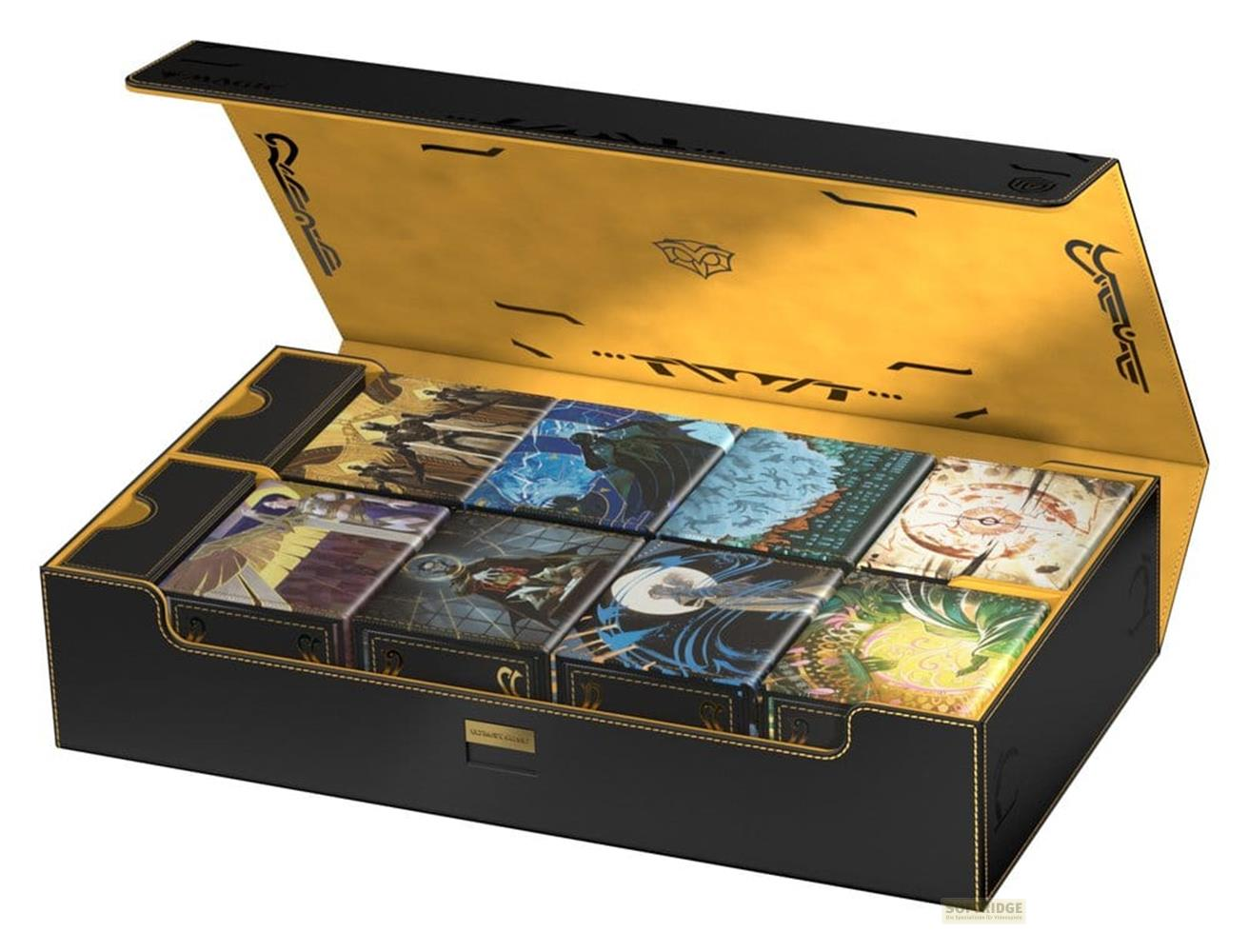 Eine offene schwarz-goldene Kartenaufbewahrungsbox mit mehreren illustrierten Deckboxen.