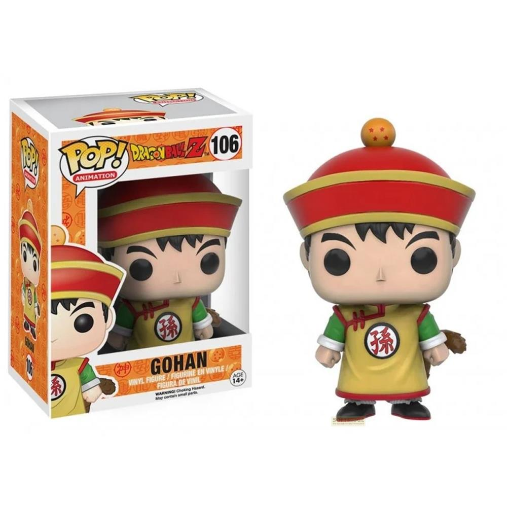 Una figure in vinile Funko Pop di Gohan di Dragon Ball Z accanto alla sua scatola.