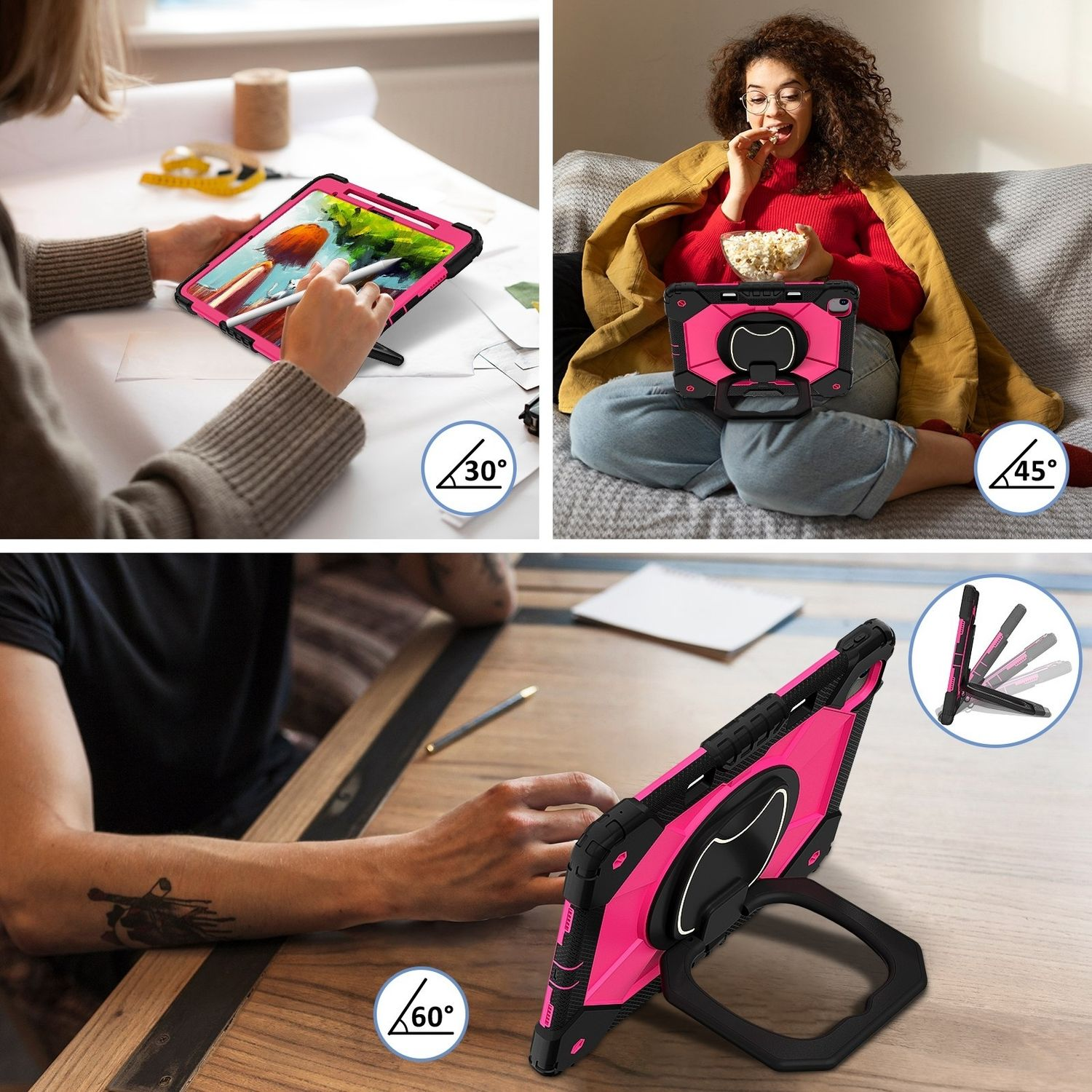 Una funda protectora rosa para una tableta con soporte, mostrada en uso en varios escenarios.