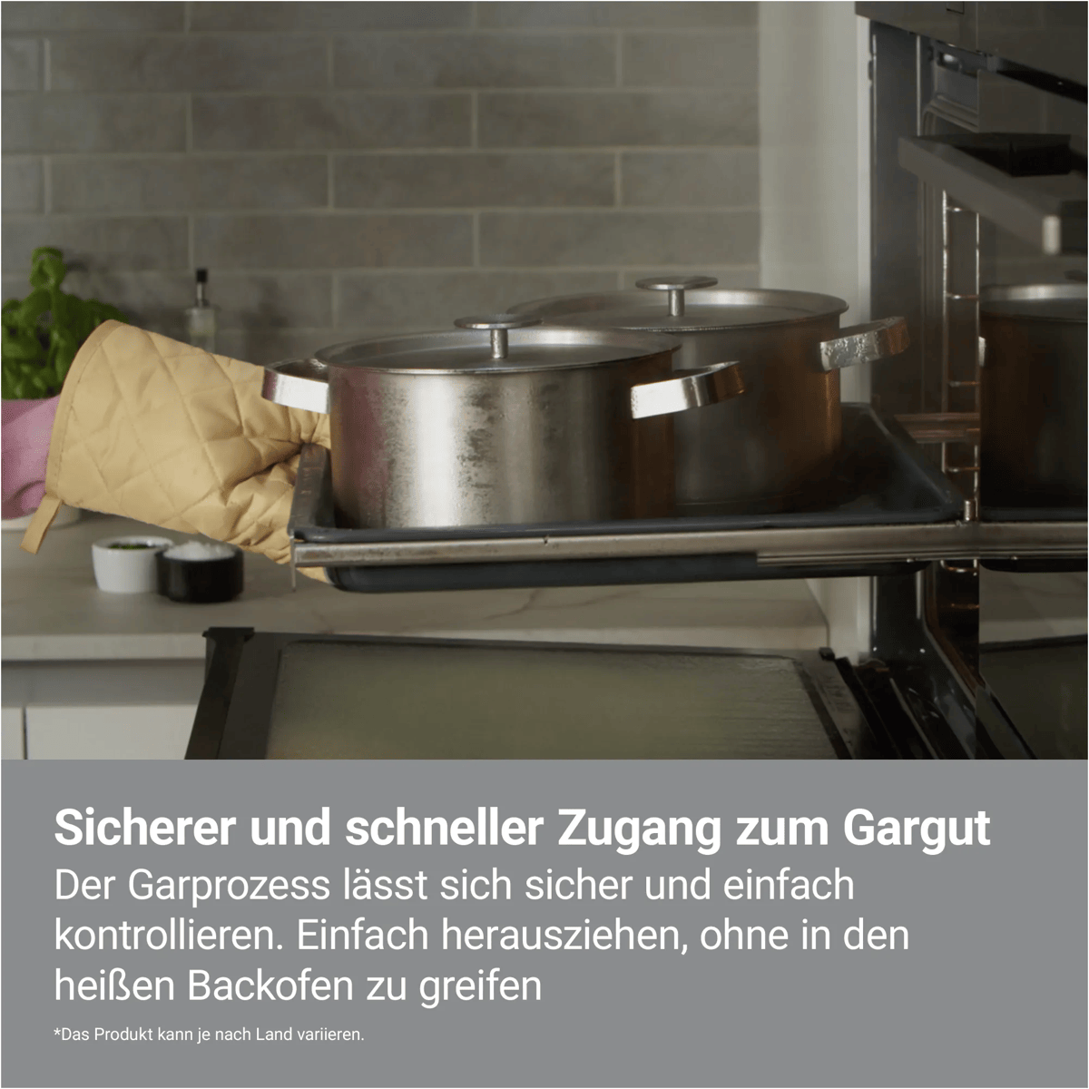 Zwei Töpfe auf einem ausziehbaren Backofenblech mit Text in deutscher Sprache.