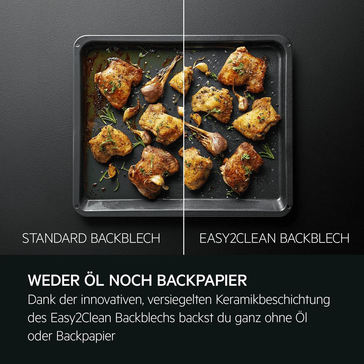 Vergleich zweier Backbleche mit gebratenem Hähnchen: Links schmutziges Standardblech, rechts sauberes Easy2Clean Blech.