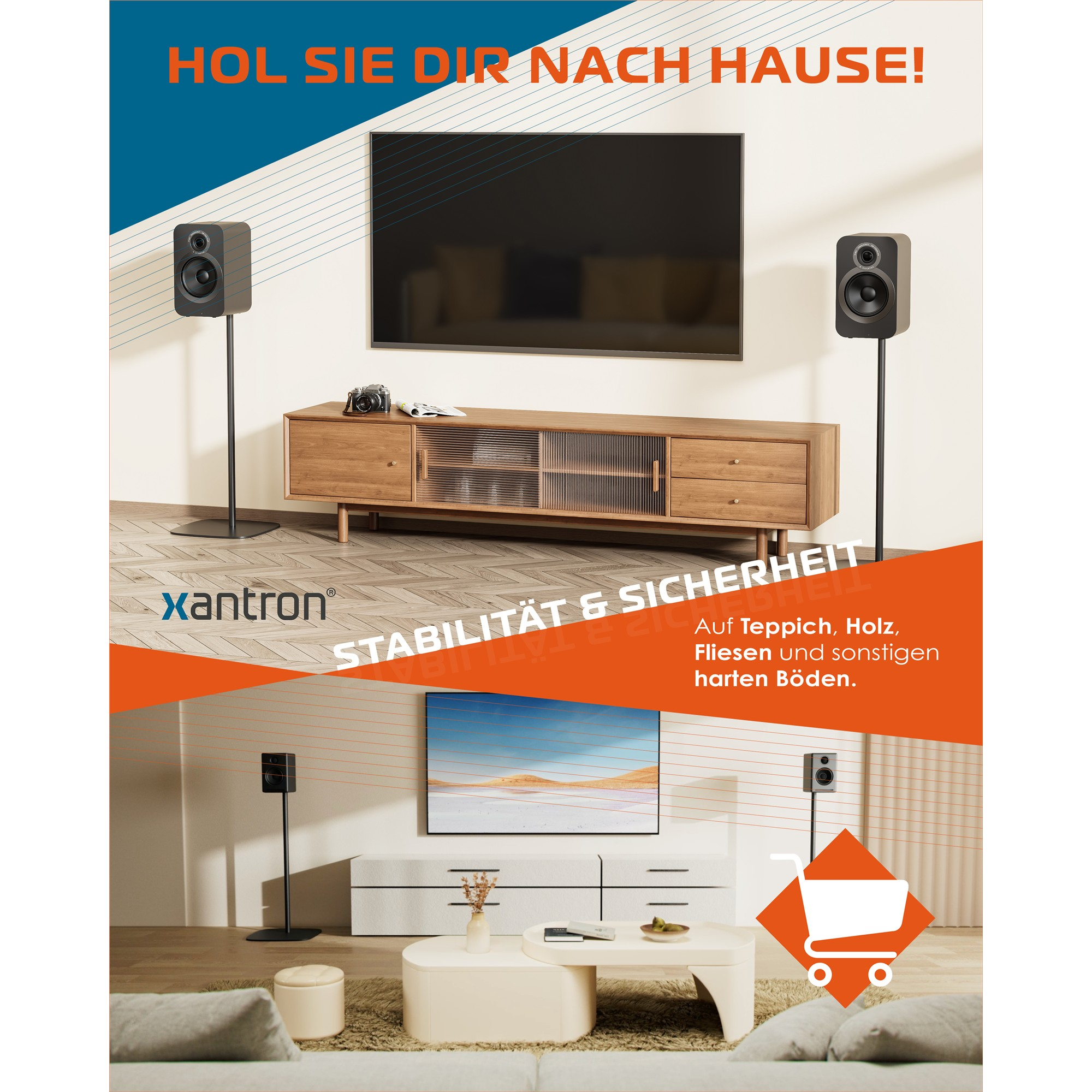 Werbebild für Xantron Lautsprecherständer in einem modernen Wohnzimmer mit TV und Holzmöbeln.