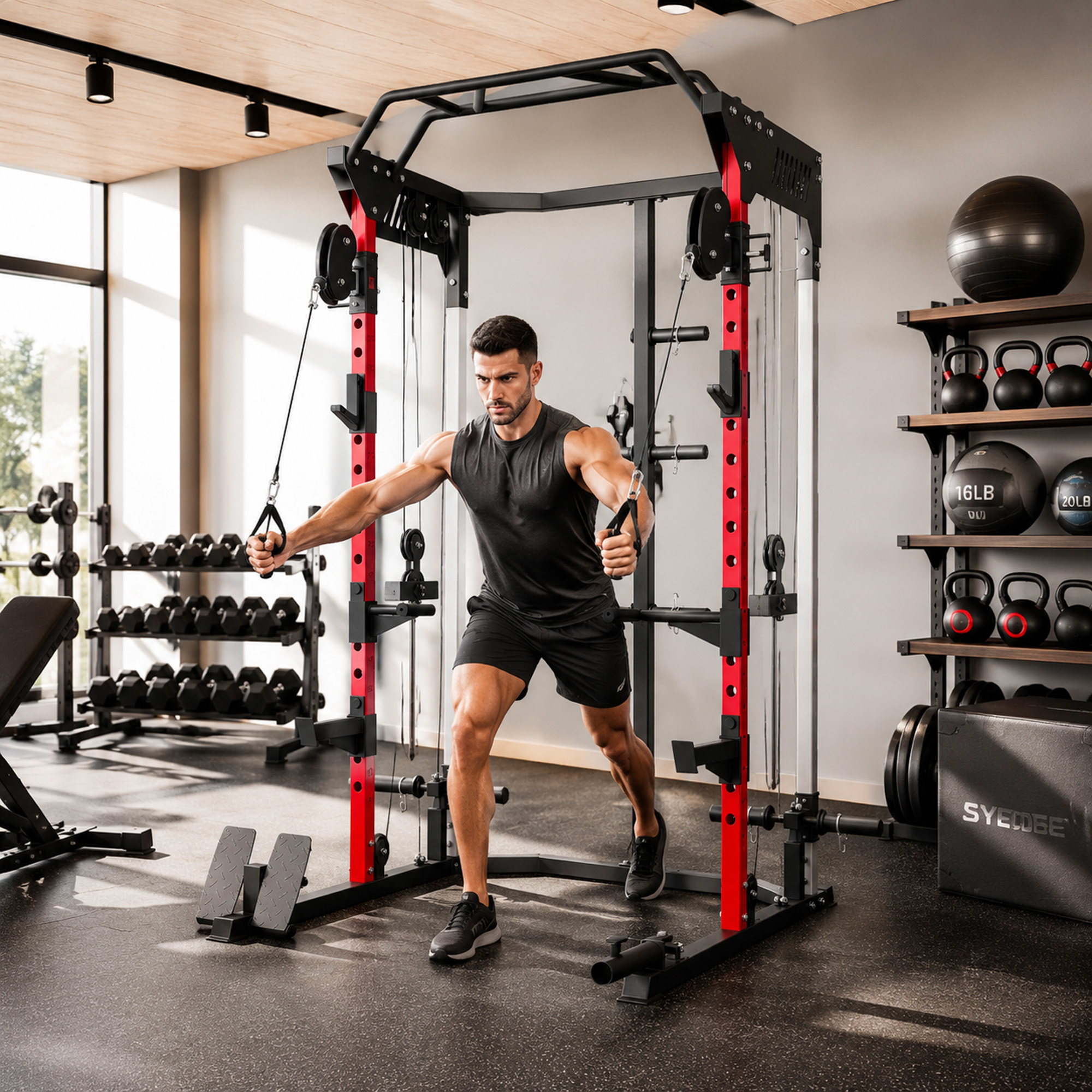 Un hombre en el gimnasio hace ejercicio con una máquina de cables, rodeado de pesas.
