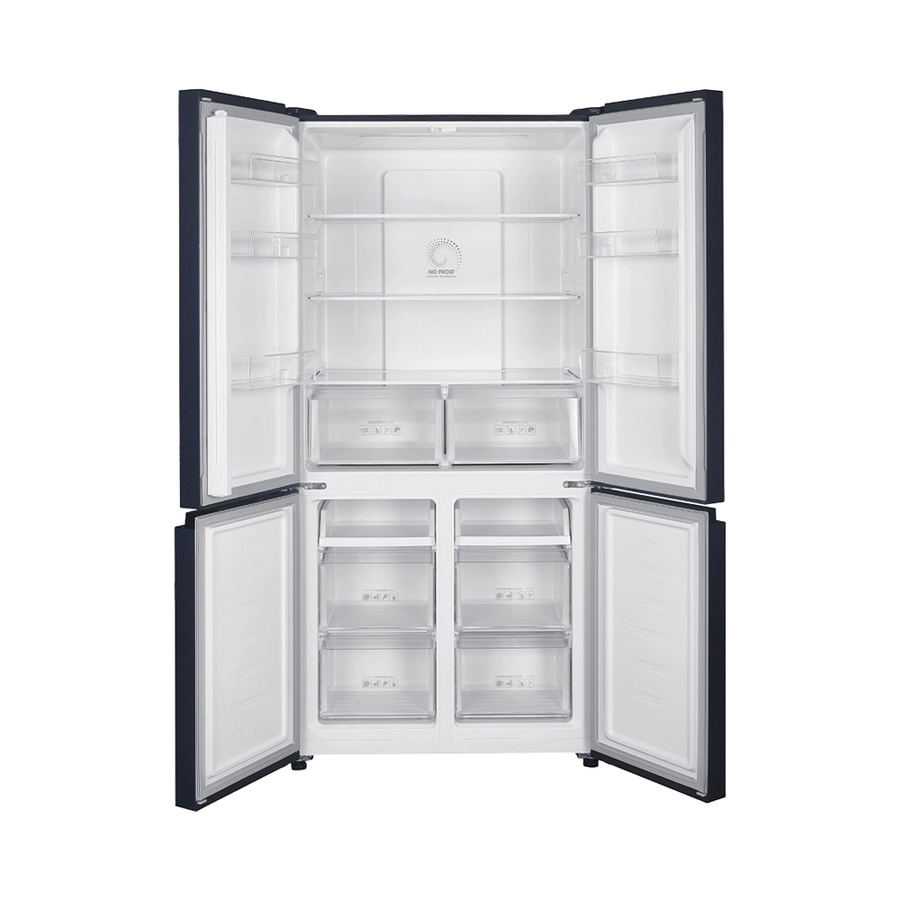 Un réfrigérateur ouvert à quatre portes bleu foncé avec des étagères vides, des tiroirs et des portes ouvertes sur fond blanc.