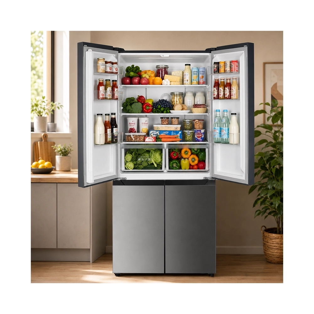 Un réfrigérateur ouvert rempli de fruits frais colorés, de légumes, de boissons et de pots dans une cuisine.