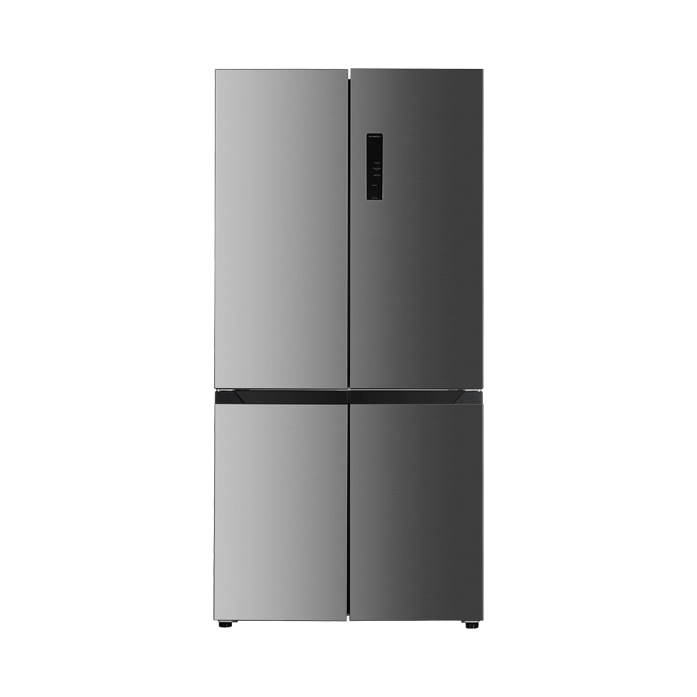 Moderne réfrigérateur-congélateur gris à quatre portes avec écran tactile numérique.