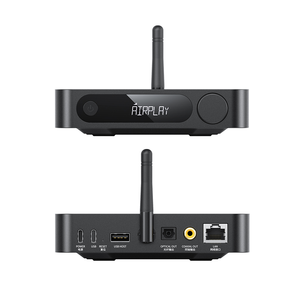 Vista frontal y trasera de un receptor de audio AirPlay negro con antena, pantalla y varios puertos.