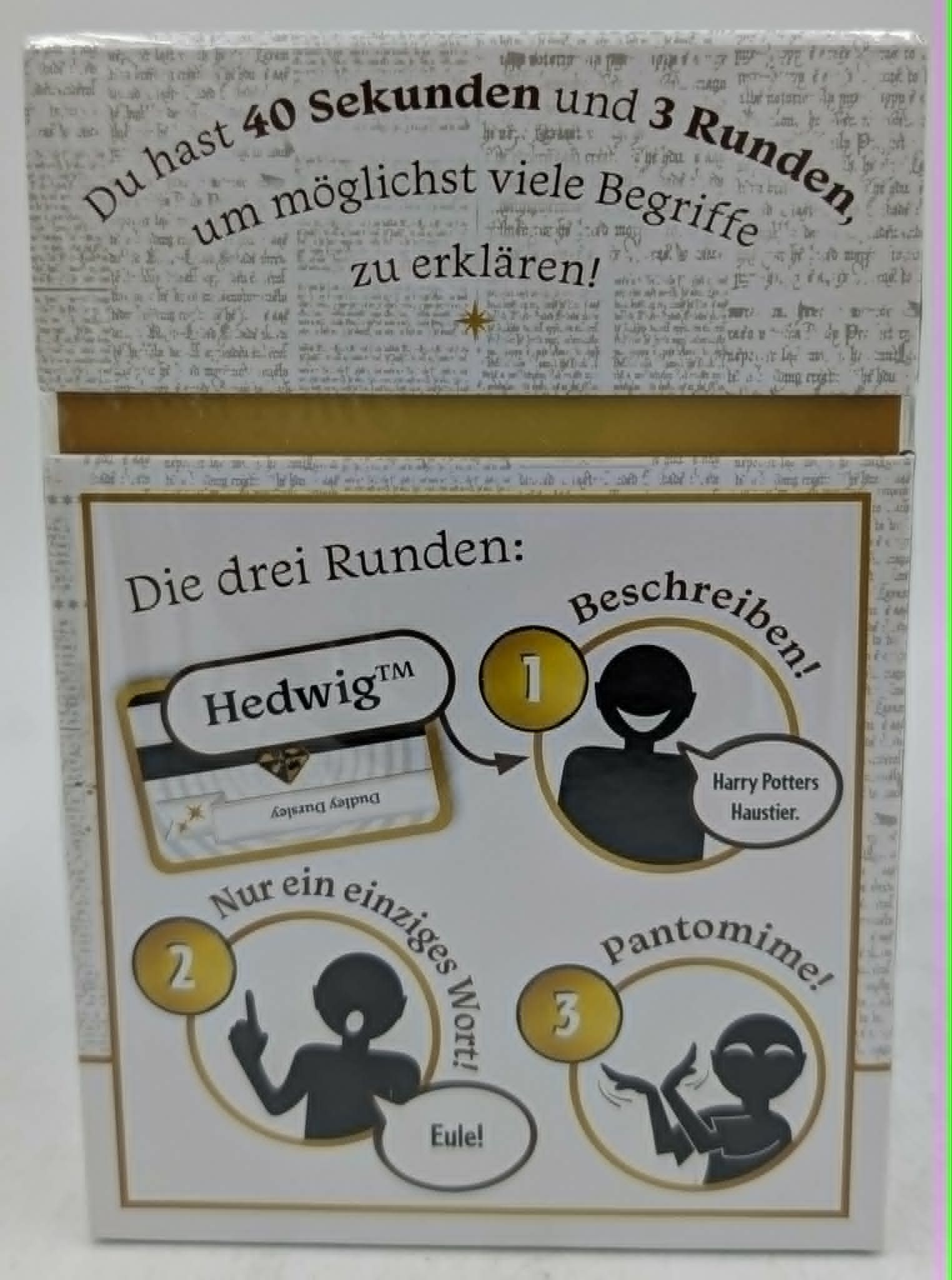 Eine Spielschachtel, die drei Spielrunden mit Regeln und Illustrationen erklärt.
