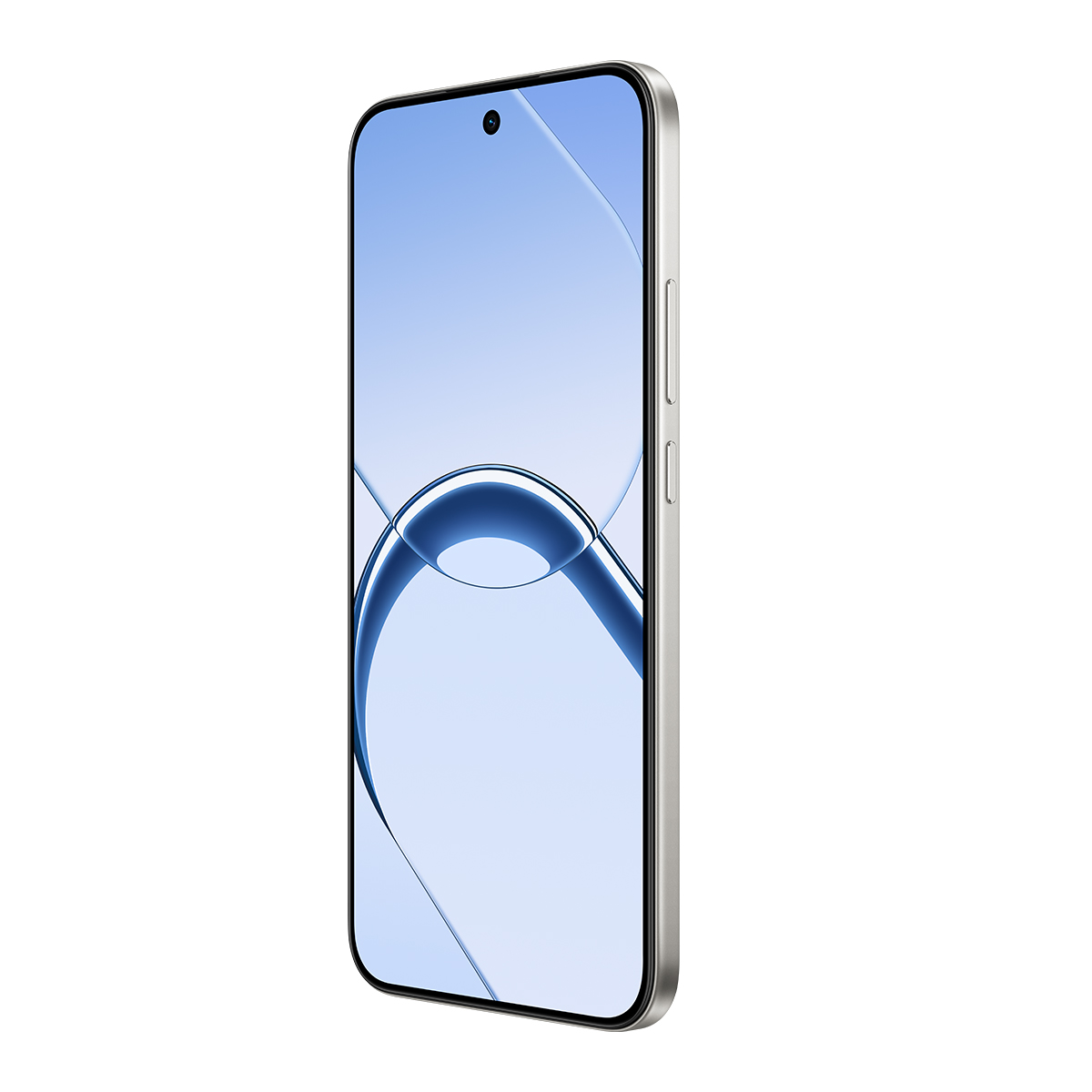 Un teléfono inteligente plateado con fondo de pantalla azul está ligeramente inclinado sobre un fondo blanco.