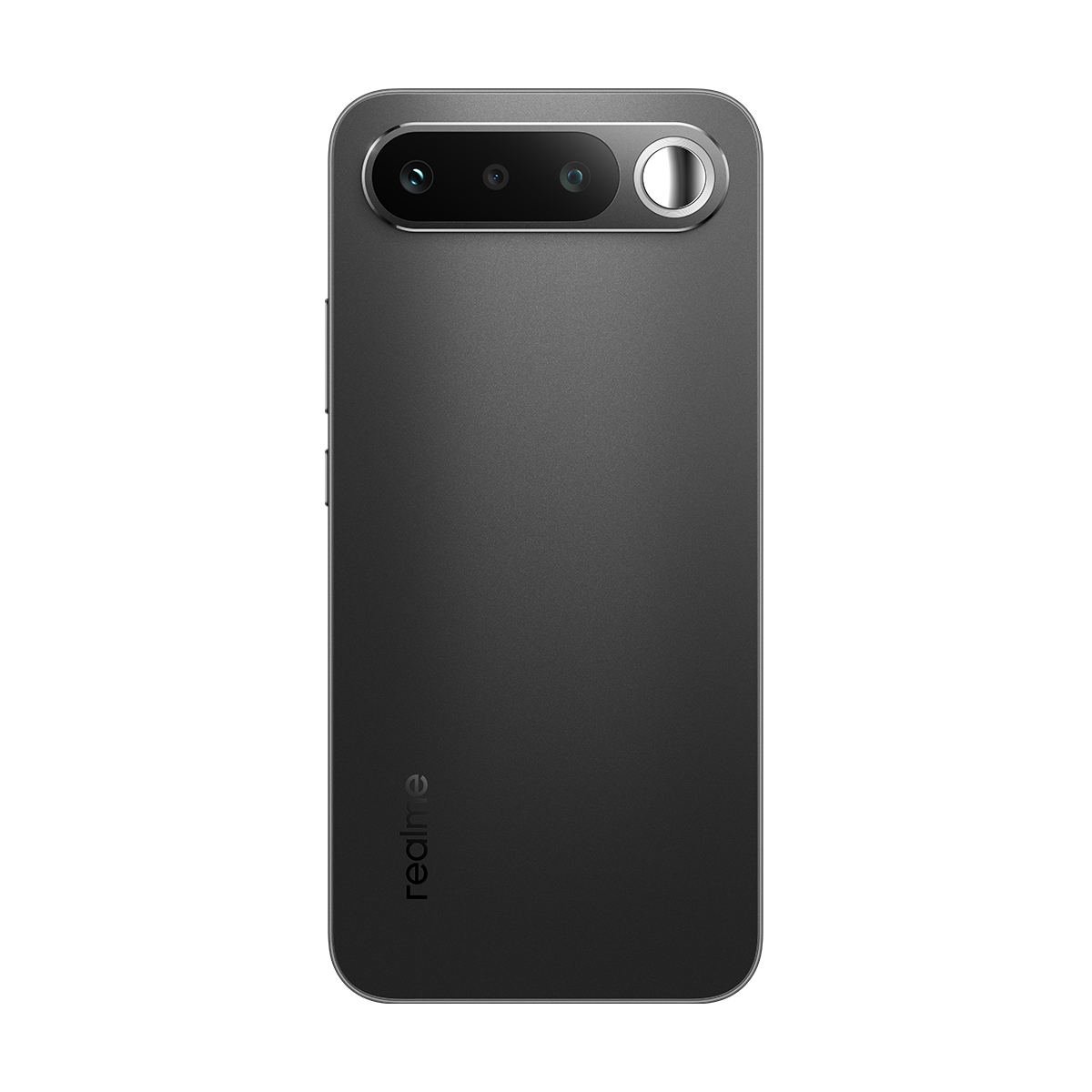 Parte trasera de un smartphone Realme gris con triple cámara y flash.