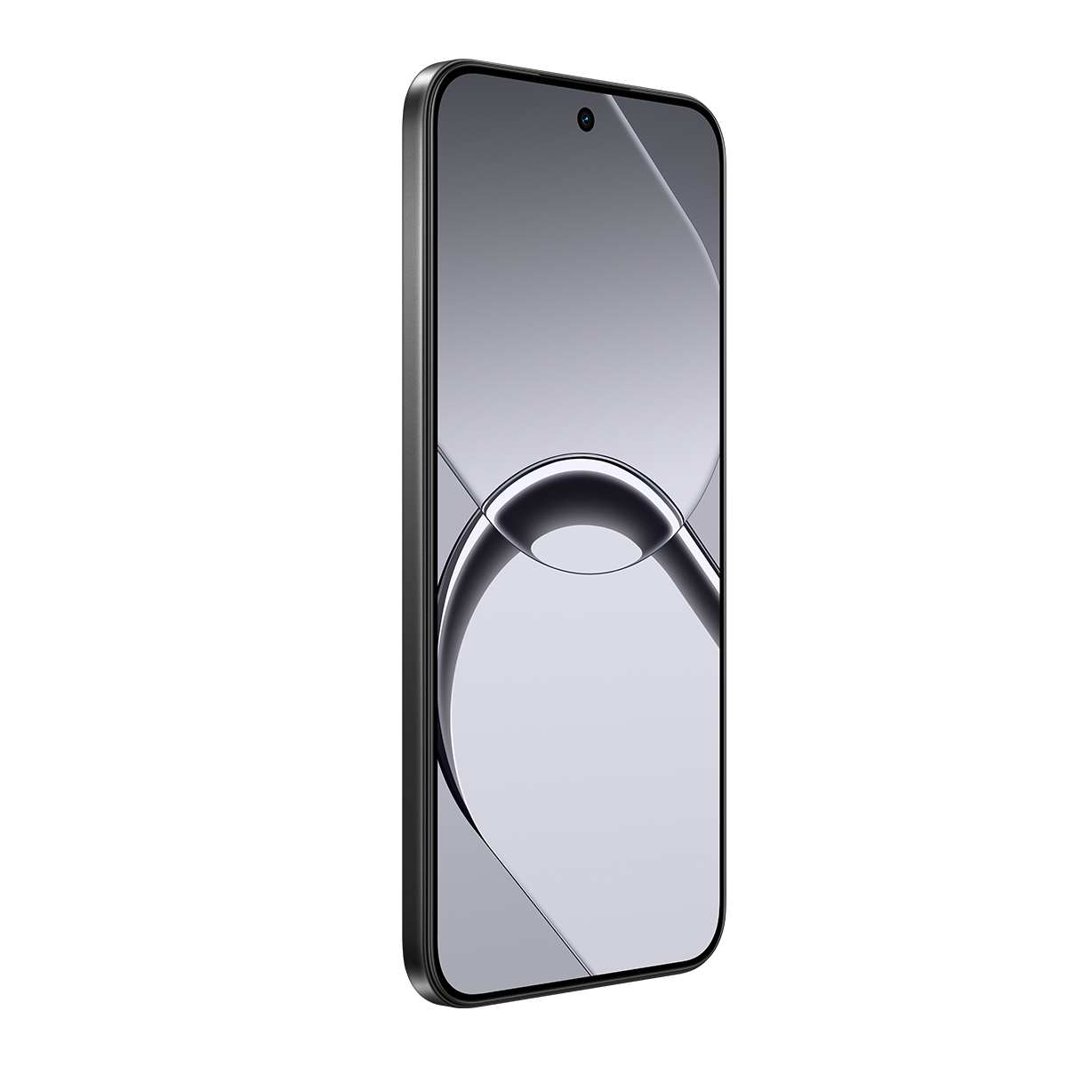 Un smartphone negro con esquinas redondeadas y pantalla brillante, visto desde un ligero ángulo.