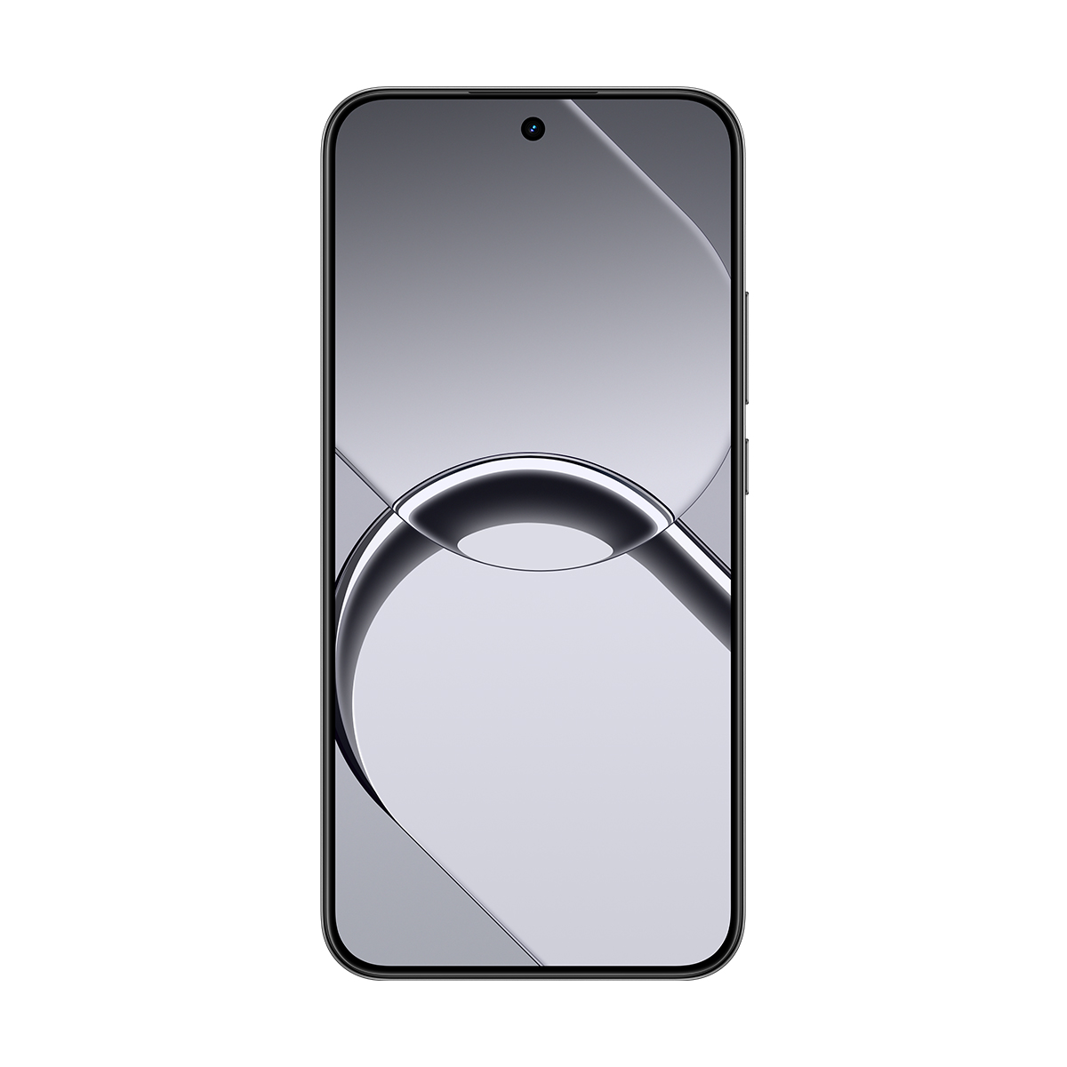 Un teléfono inteligente negro que muestra un fondo de pantalla gris abstracto con líneas curvas.