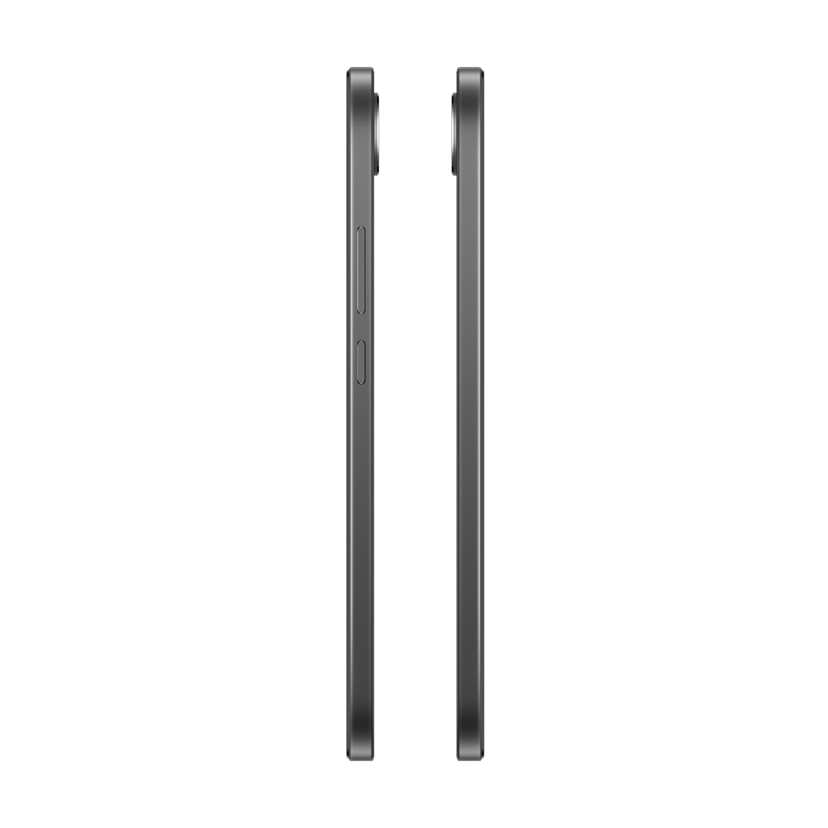 Dos vistas laterales de un teléfono inteligente gris que muestran los botones y la cámara en un fondo blanco.