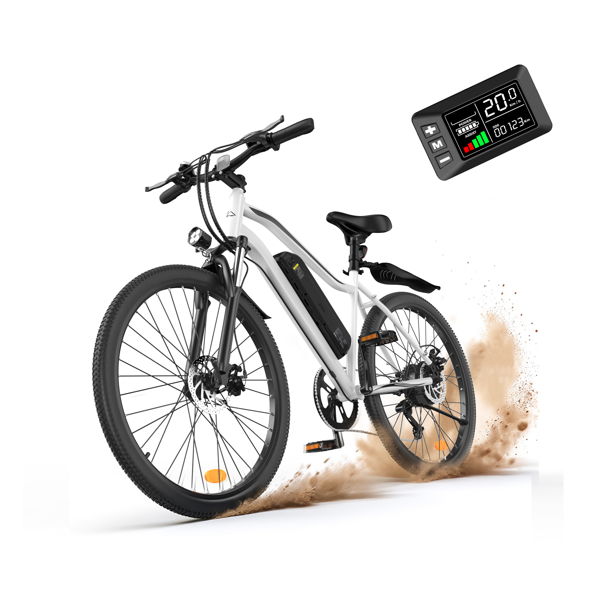 Ein weißes E-Bike kickt Sand auf einem weißen Hintergrund, mit einem digitalen Display oben rechts.