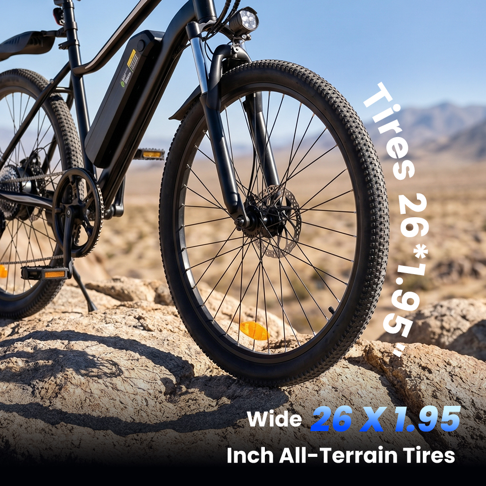 Ein schwarzes Elektro-Mountainbike mit 26x1.95 Zoll Geländereifen parkt auf felsigem Terrain.
