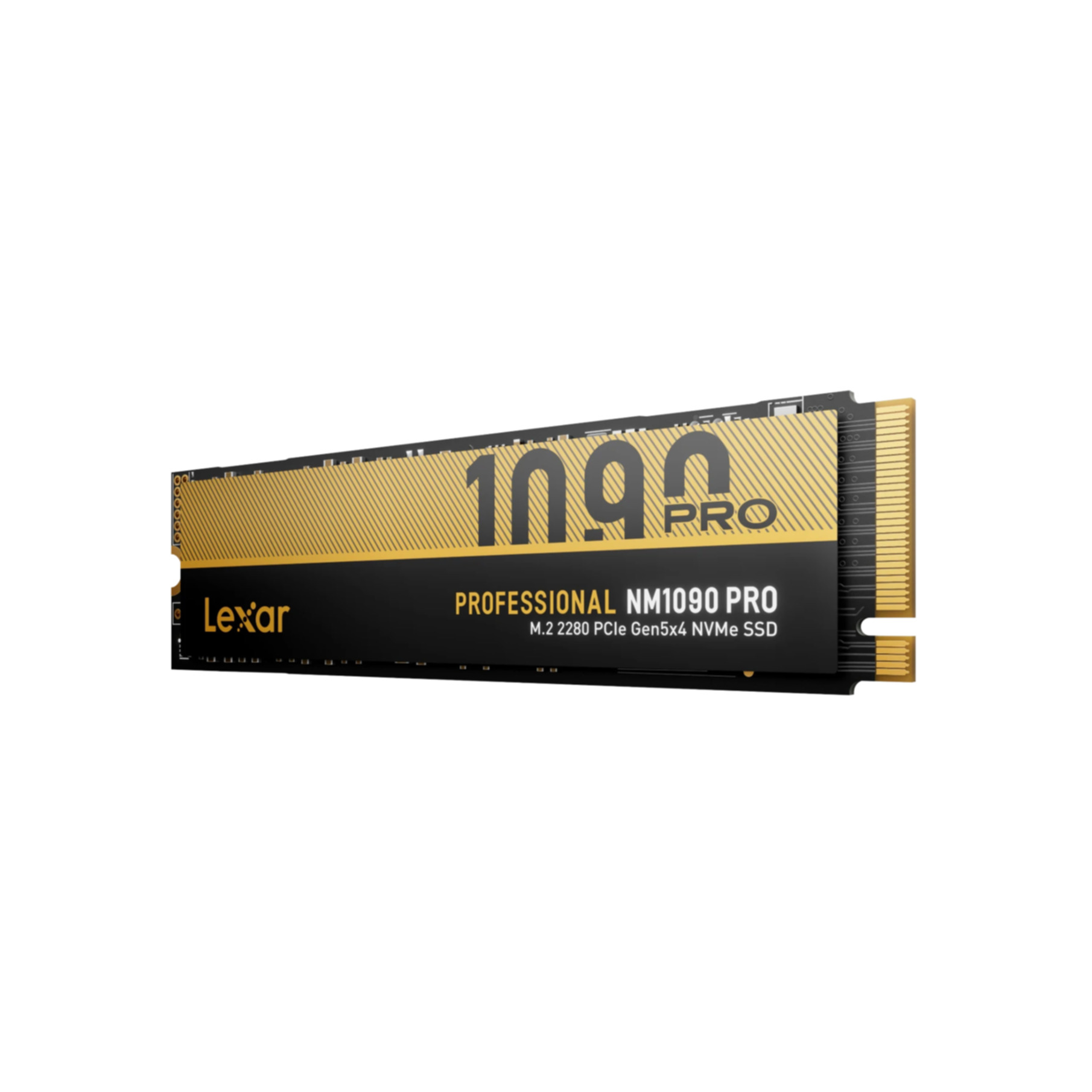 Schwarze und goldene Lexar Professional NM1090 PRO M.2 NVMe SSD Karte auf weißem Hintergrund.