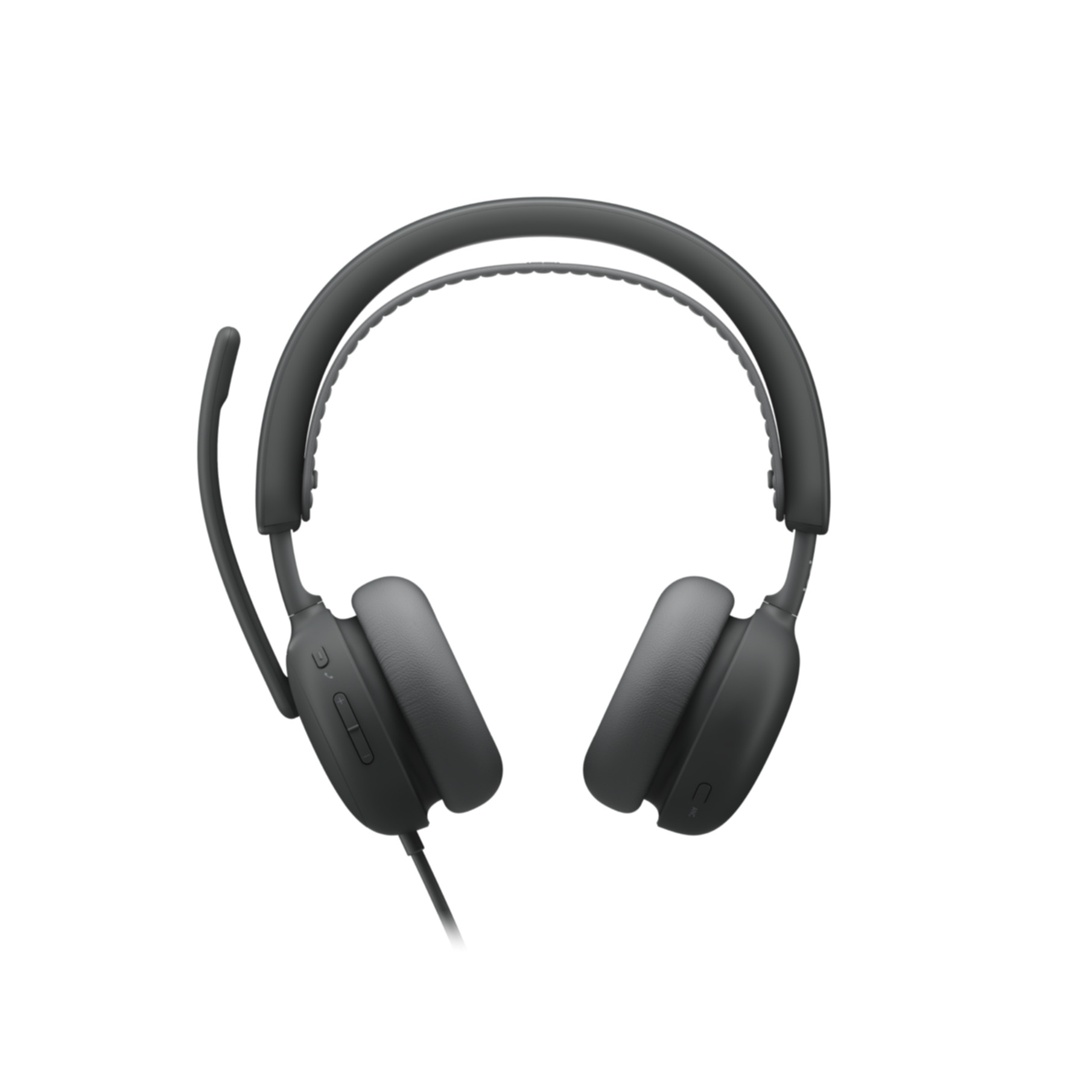 Un par de auriculares supraaurales gris oscuro con un micrófono en la copa izquierda y un cable abajo.