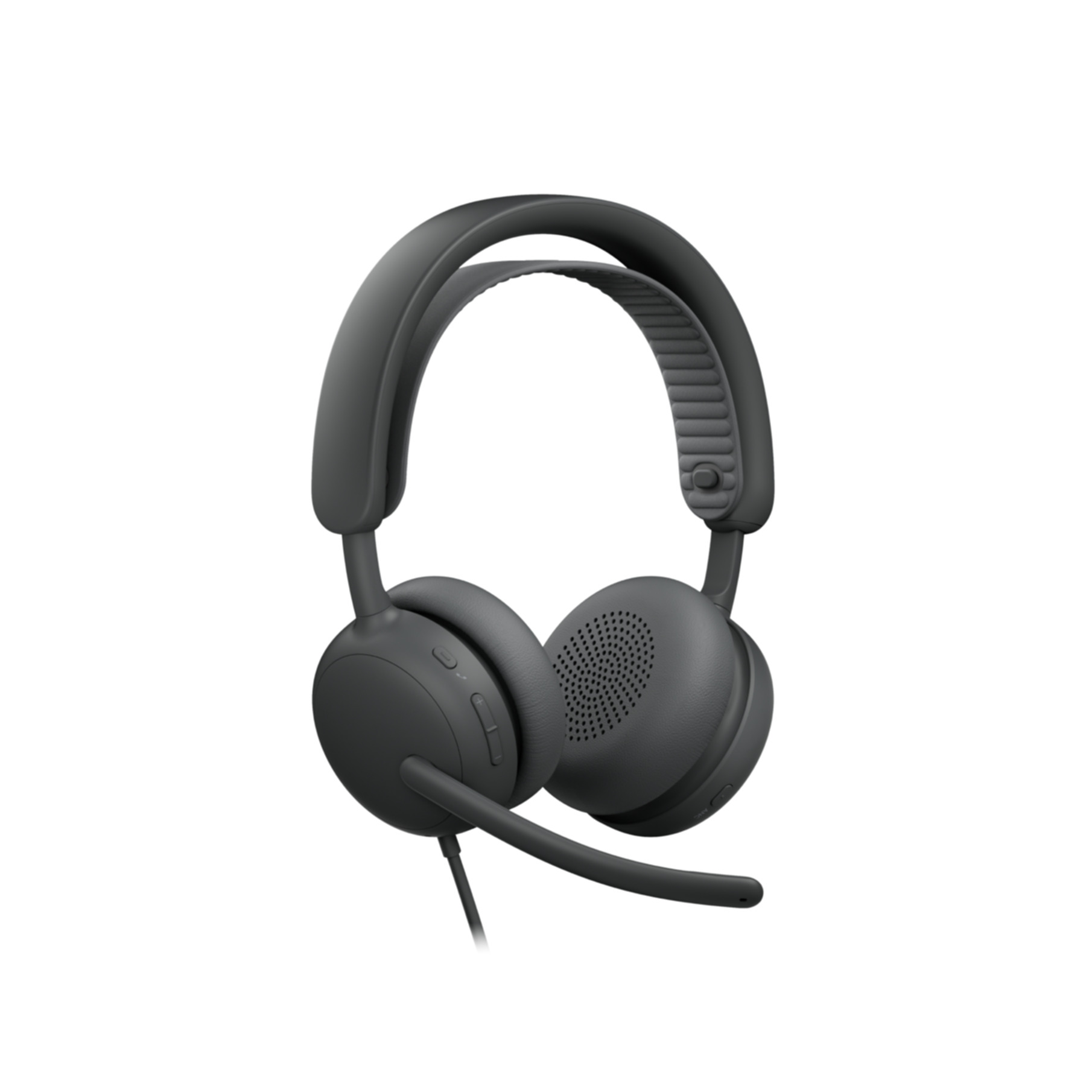 Auriculares supraaurales negros con brazo de micrófono y cable sobre fondo blanco.