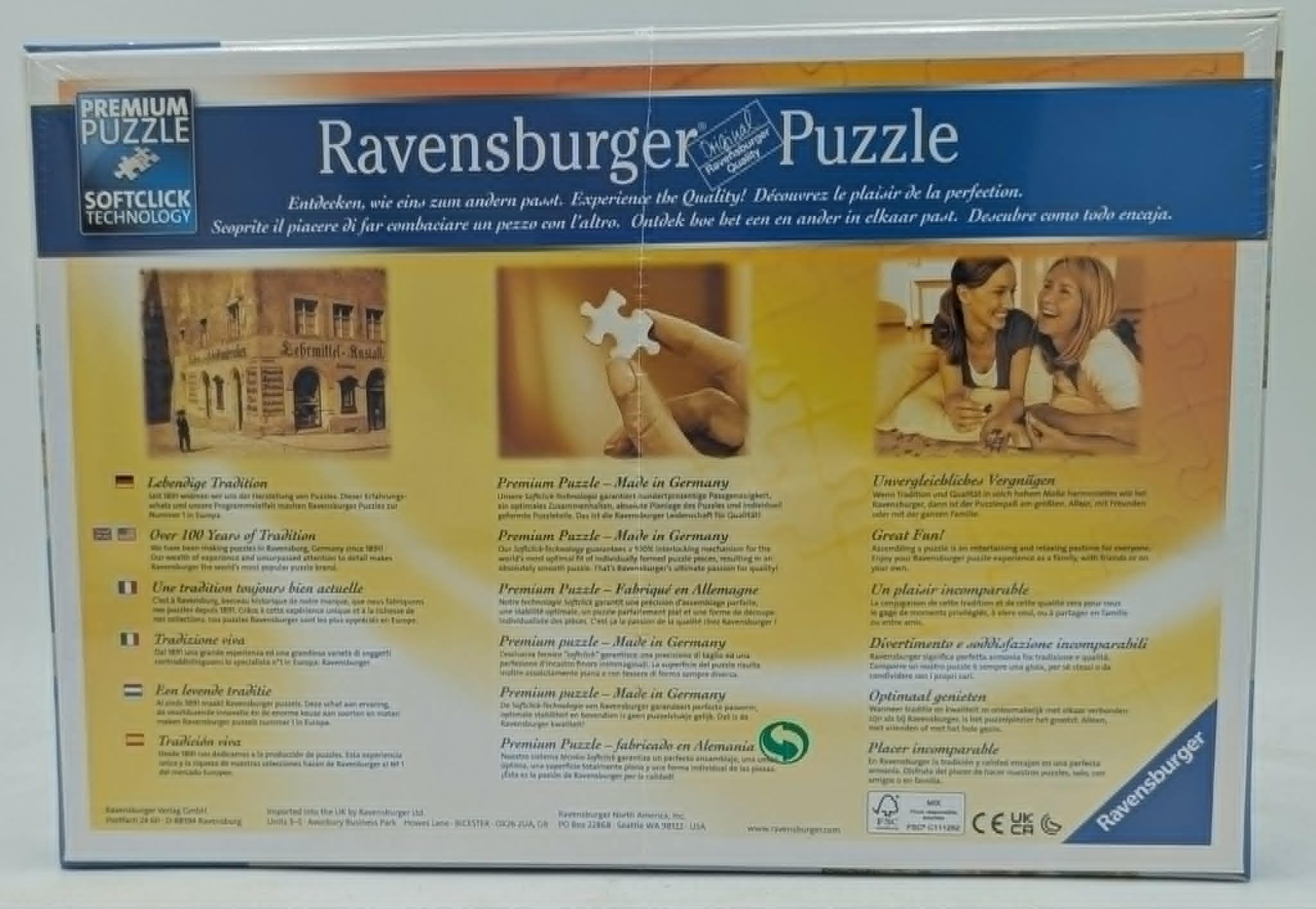 Rückseite einer Ravensburger Puzzle-Schachtel mit Produktinformationen und Bildern.