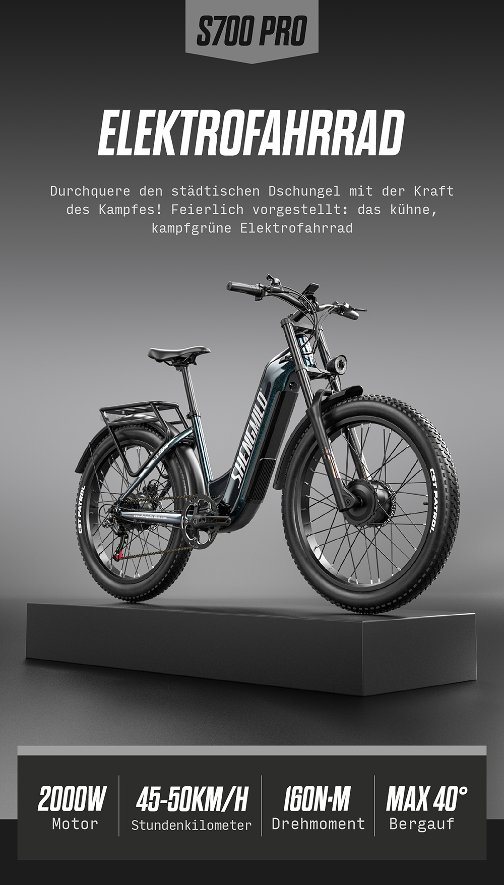 Ein S700 Pro Elektrofahrrad mit dicken Reifen auf einem grauen Sockel vor einem grauen Hintergrund.