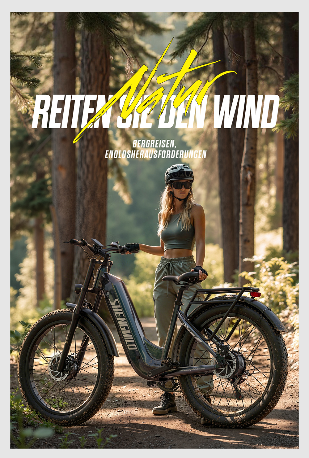 Eine Frau mit Helm steht mit einem E-Bike in einem sonnigen Kiefernwald mit Werbetext darüber.