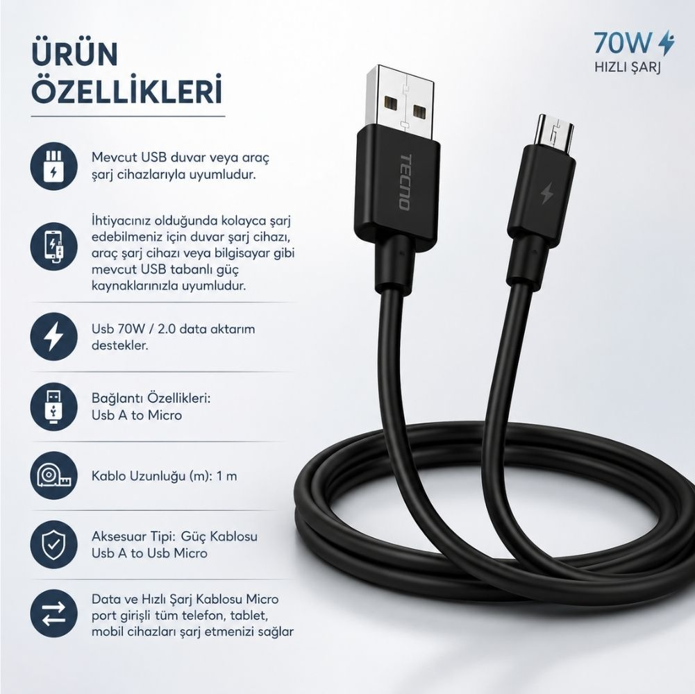 Solda ürün özellikleri ve sağda 70W hızlı şarj yazısı olan siyah USB-A - Micro-USB şarj kablosu.