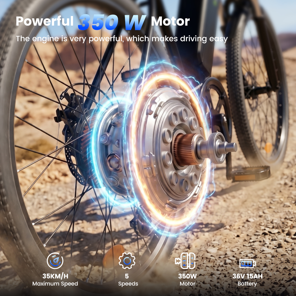 Fahrrad-Hinterrad mit elektrischem 350W-Motor, umgeben von leuchtenden Energieringen, auf sandigem Boden.