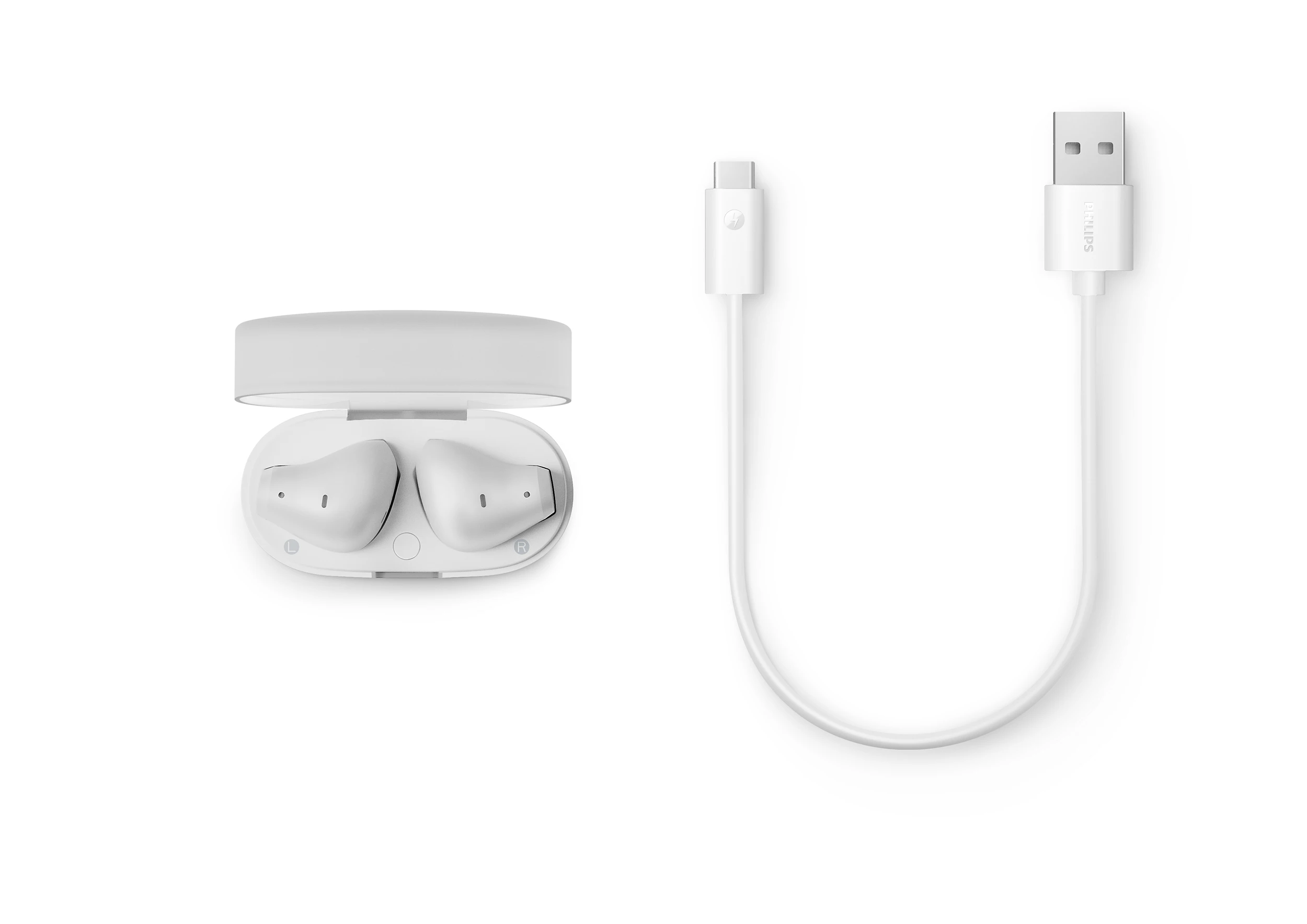 Auriculares inalámbricos blancos en un estuche de carga abierto con un cable de carga USB-C blanco.
