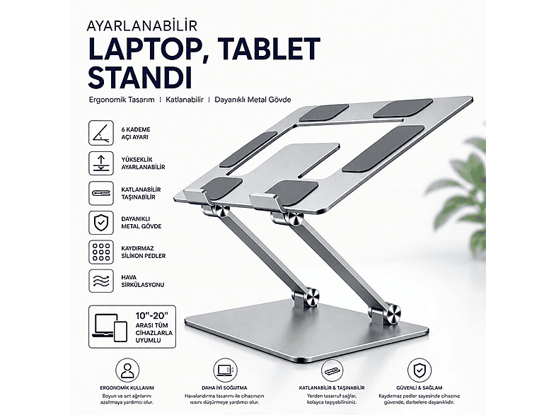 WINEX Metal Ayarlanabilir Laptop, Tablet, Macbook, Matebook Katlanabilir Tutucu Gümüş Yükseltici Stand
