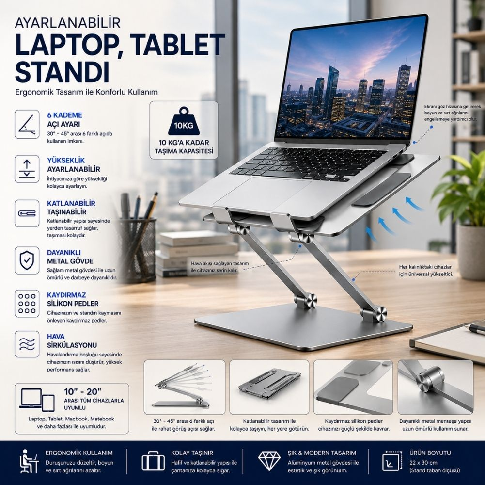 Üzerinde bir dizüstü bilgisayar bulunan ve özellikleri listelenen ayarlanabilir laptop standı reklam görseli.
